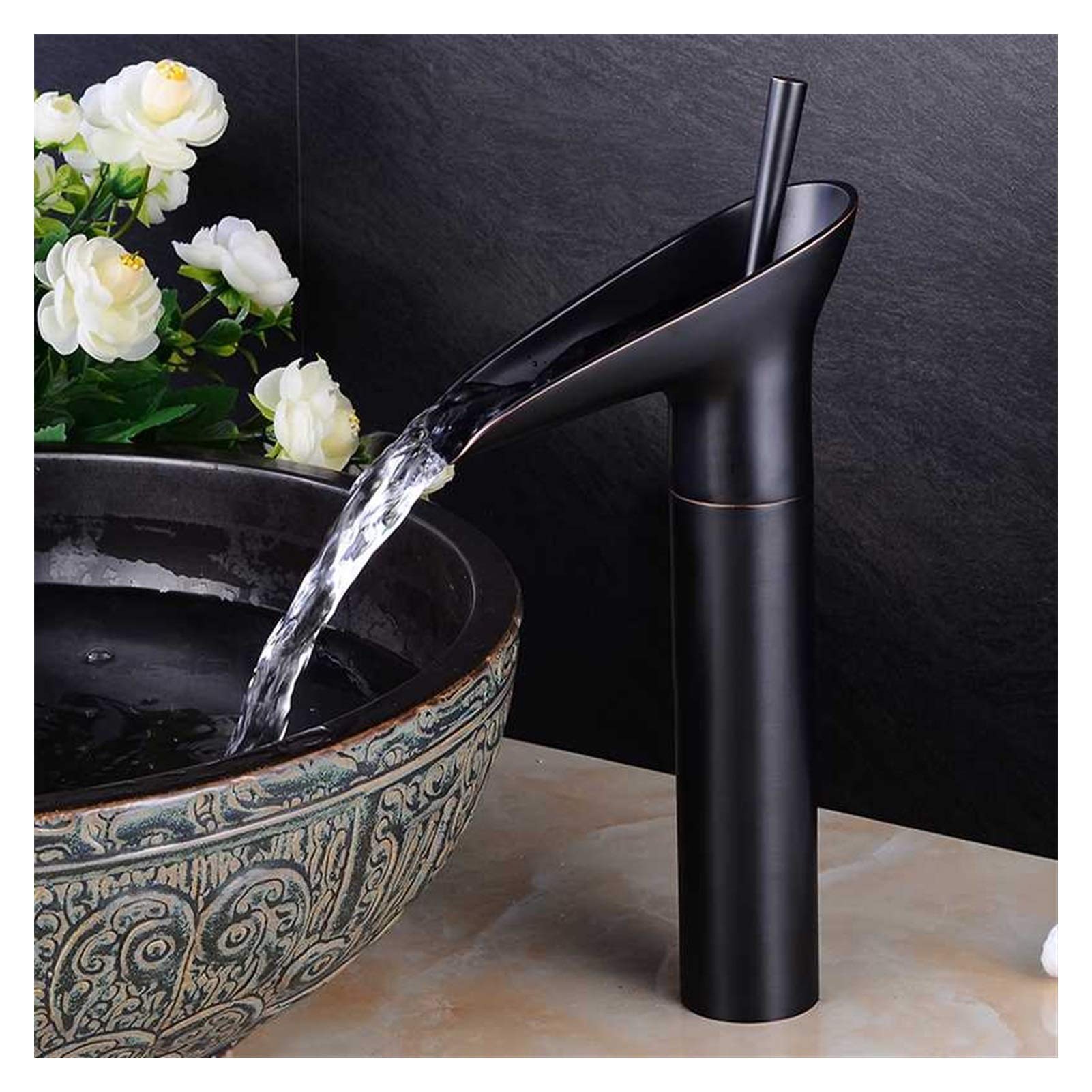 Hysopspx Black Antique Bathroom Waterfall Basin Sink Tap Traditional Single Lever Handle Modern Washroom Mixer Taps Tall Counter Water Faucet (Size : Height 31Cm)