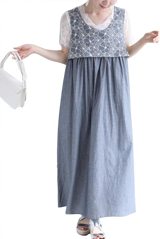 Amazon Co Jp フレンチパヴェ Cawaii 脚長魅せ効果 胸元 切り替え 花 刺繍 ロング ワンピース ノースリーブ 袖なし Uネック グレー 綿100 コットン ゆったり 着回し力 服 ファッション小物