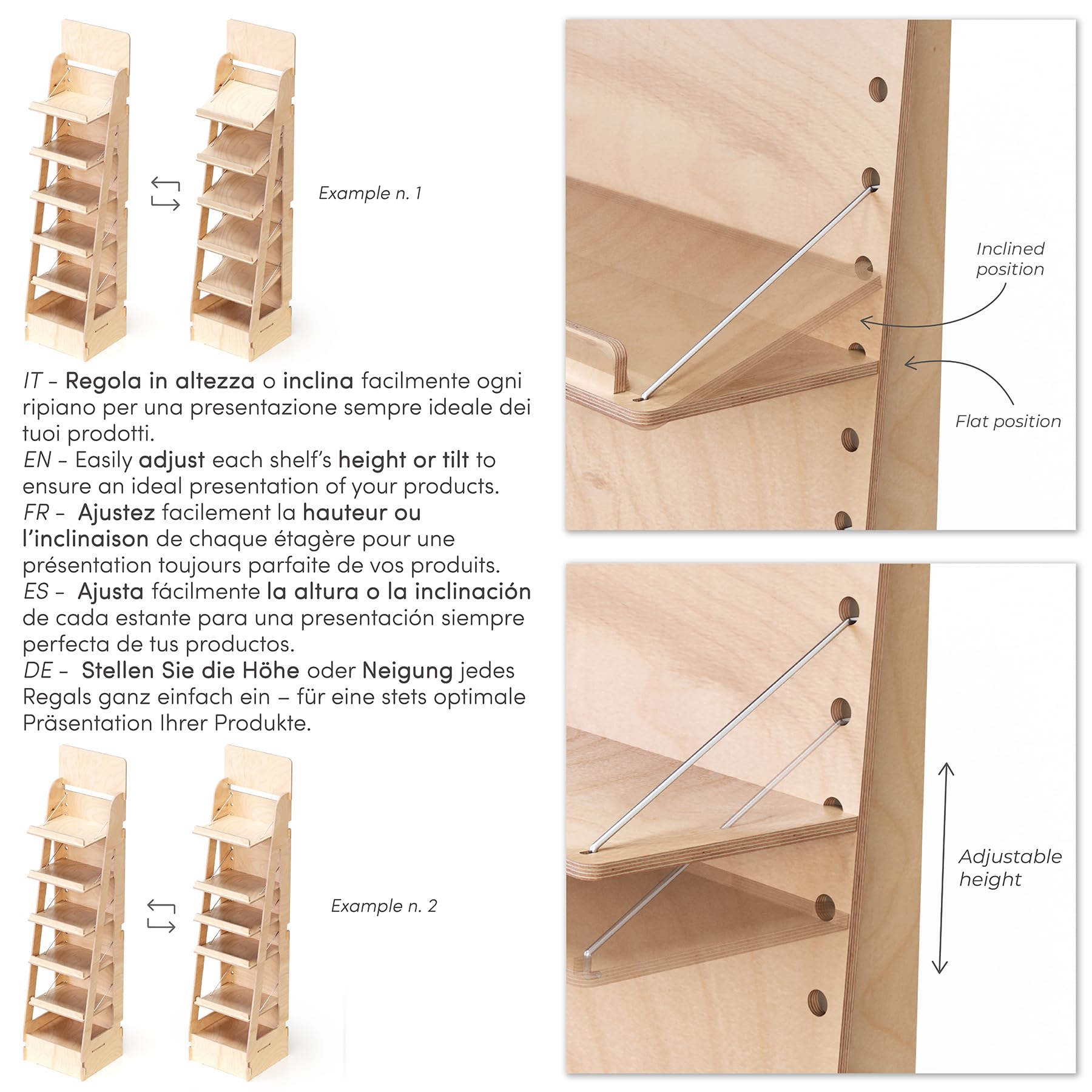 Espositore in Legno, da Terra, Regolabile, Inclinazione e Altezza Ripiani Variabile, Espositori per Negozi, Alimentari, Farmacie, Cartolerie, Ferramenta, Librerie (Adapti - L.40cm)