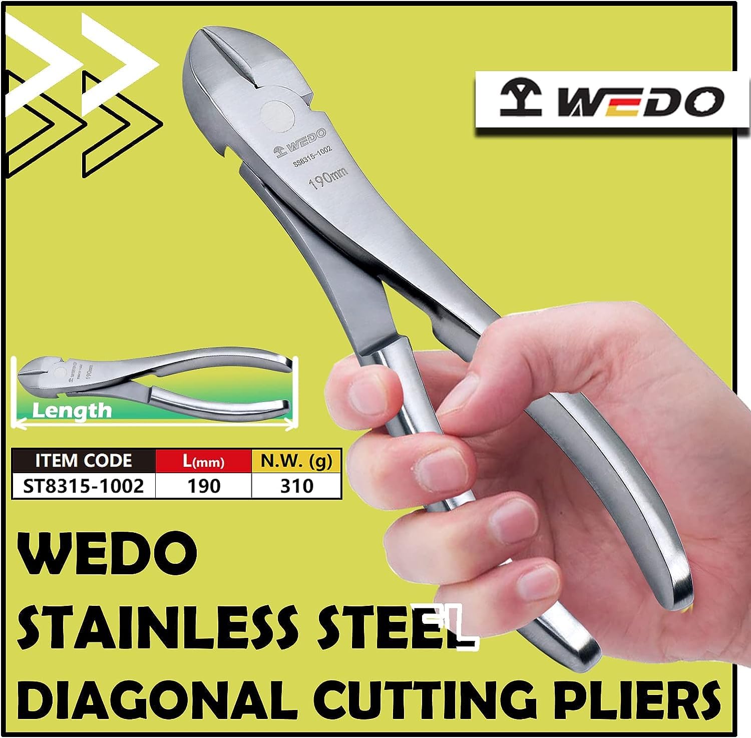 WEDO Seitenschneider 190mm, Edelstahl Präzisionsschneidzange, Präzisionsschneidzange, Drahtschneider, korrosionsbeständig, für weiche Drähte, Lichtwellenleiter, Kabel und Kupferdraht