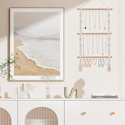 Miniatura 5 de Hutuzldz Organizador de joyas colgante, soporte de collar de macramé con 30 ganchos, estante para collares montado en la pared, colgador de collar