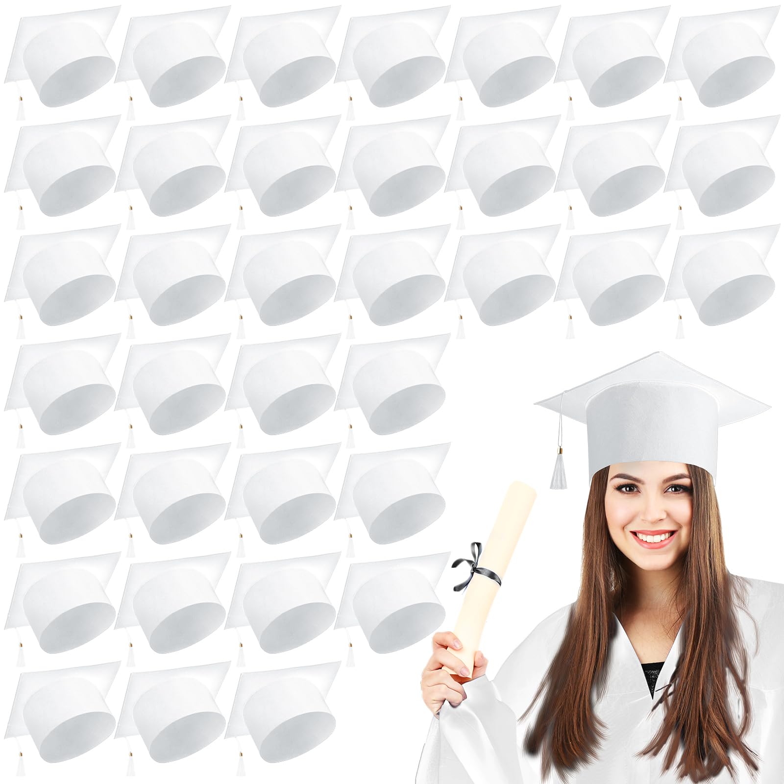 Photo 1 of JaGely 36 Pcs Adult Graduation Cap with Tassel Felt Grad Hat for Men Women Bachelor Master College Costume Accessory(White)