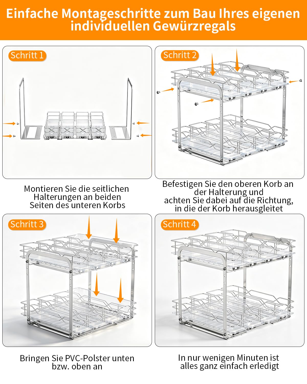 YSD Gewürzregal Ausziehbar für Oberschrank Küche – 2 Ebenen, Edelstahl | 4 Körbe pro Ebene einzeln ausziehbar. Höhenverstellbar.platzsparend. Kleben/Schrauben. Leise Schienen. Küche/Bad. Ohne Gläser