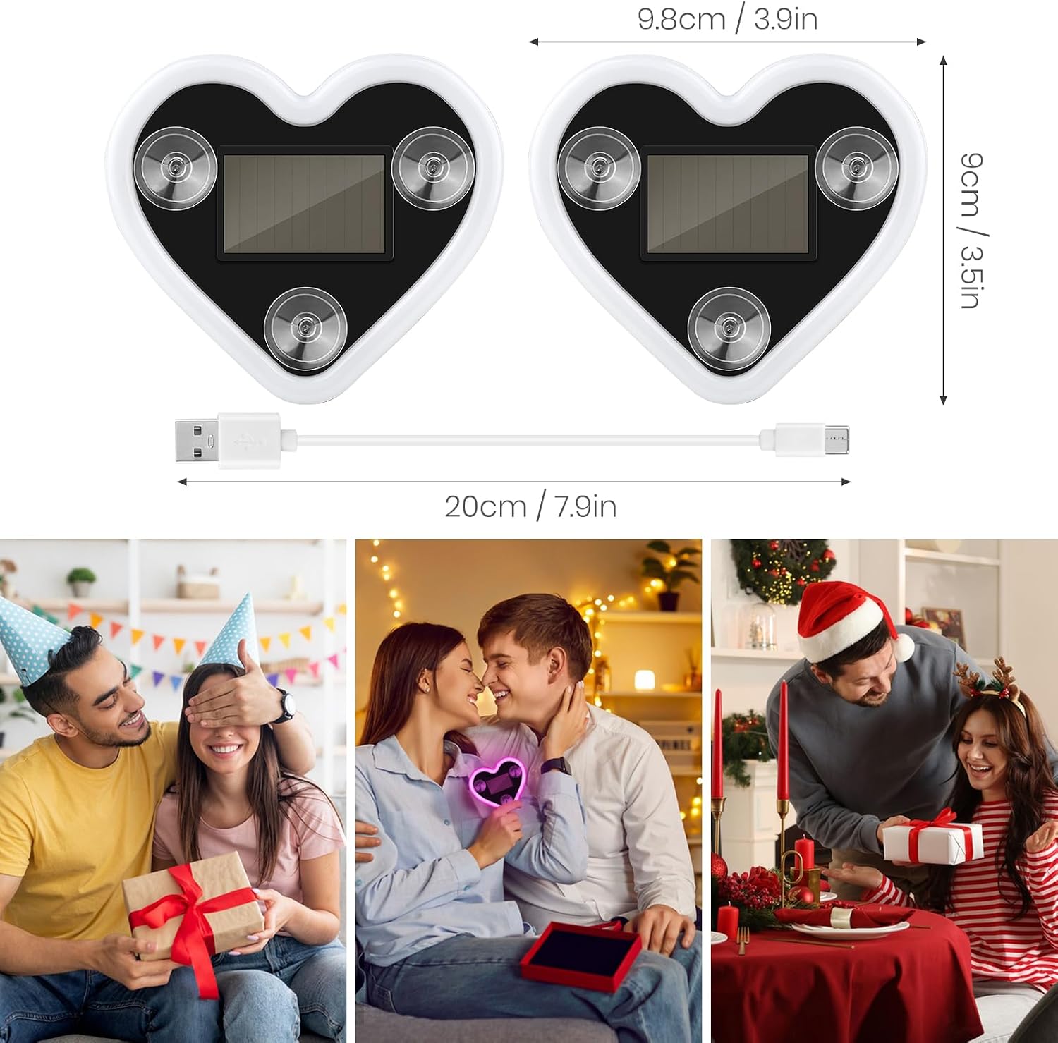 2Pcs Car LED Ambient Light, Solar Powered Heart Shape Lights, LED Neon Light for Car Back Window Decoration, Night Driving, 5 Modes - Pink