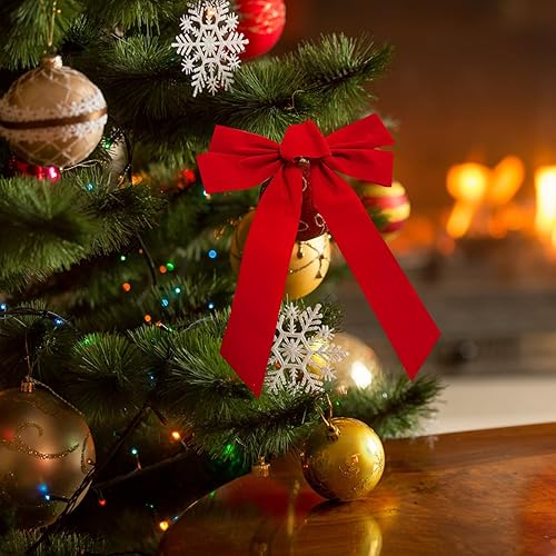 Miniatura 7 de Jremreo Paquete de 10 lazos rojos de Navidad para decoraciones de corona, 9 x 13 pulgadas, lazos grandes de terciopelo a granel para decoración de