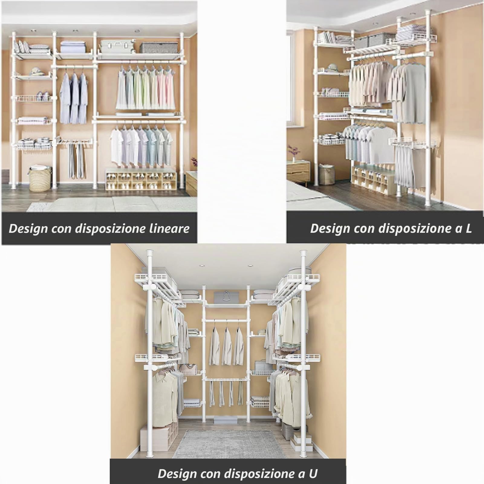 Kit Modulare per Armadio a Cabina - Appendiabiti Telescopico Regolabile con Scaffali, 110-310 Cm, Ideale per l'Organizzazione di Dormitorio e Camera da Letto