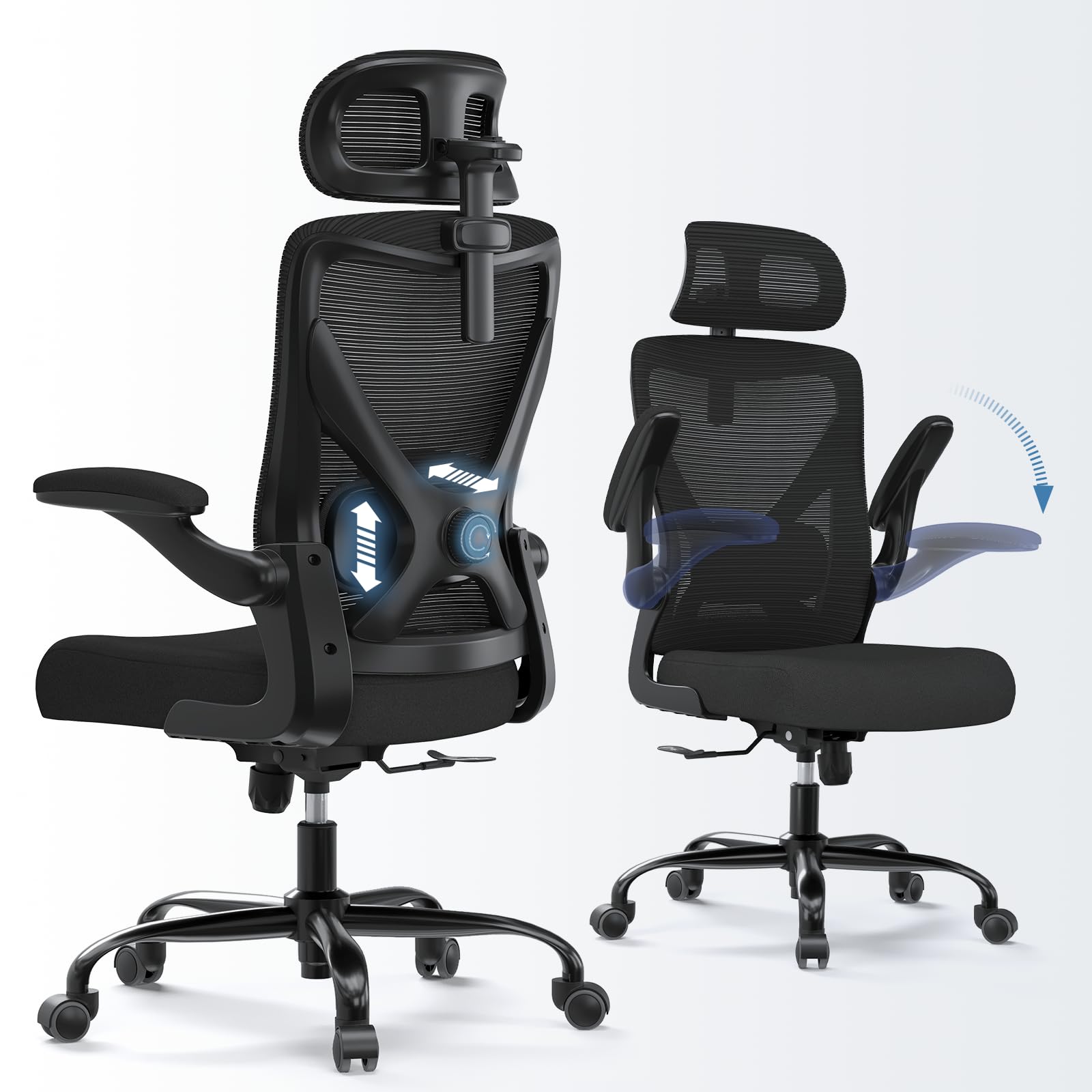 Ergalithic オフィスチェア - 勉強椅子 X字立体背もたれ 跳ね上げ式アームレスト デスクチェア メッシュチェア - イス 3Dヘッドレスト いす ゲーミングチェア リクライニング 可動式ランバーサポート 高反発クッション pcチェア パソコン ワーク 事務 疲れない椅子 骨盤矯正 5年保証 (ブラック)