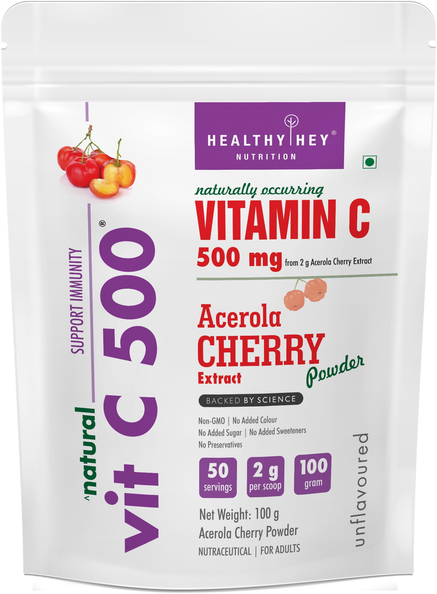 HealthyHey Nutrition Natural Vit C 500 - Natural Vitamin C sourced from Acerola Cherry Extract Powder - Support Immunity - 100gm Powder (Unflavoured) (B089KRZH7W) Amazon Price History, Amazon Price Tracker
