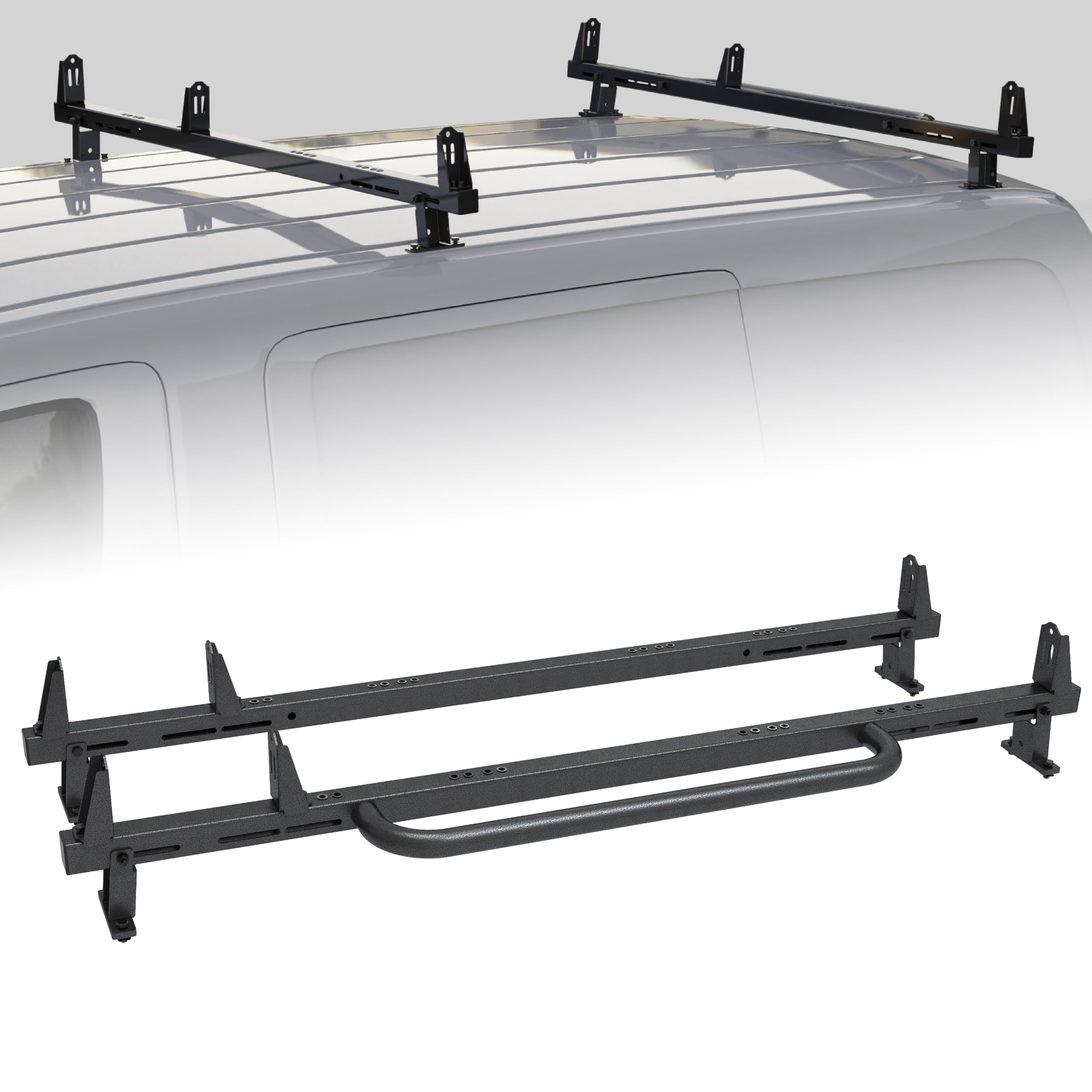 Photo 1 of Universal 2 Bars Roof Ladder Rack 700 LBS Capacity Utility Adjustable Cross Bar with Stopper for Van Without Rain Gutter Fit for Kayak Canoe Ladder Lumber Pipes Cargo Carrier Accessories