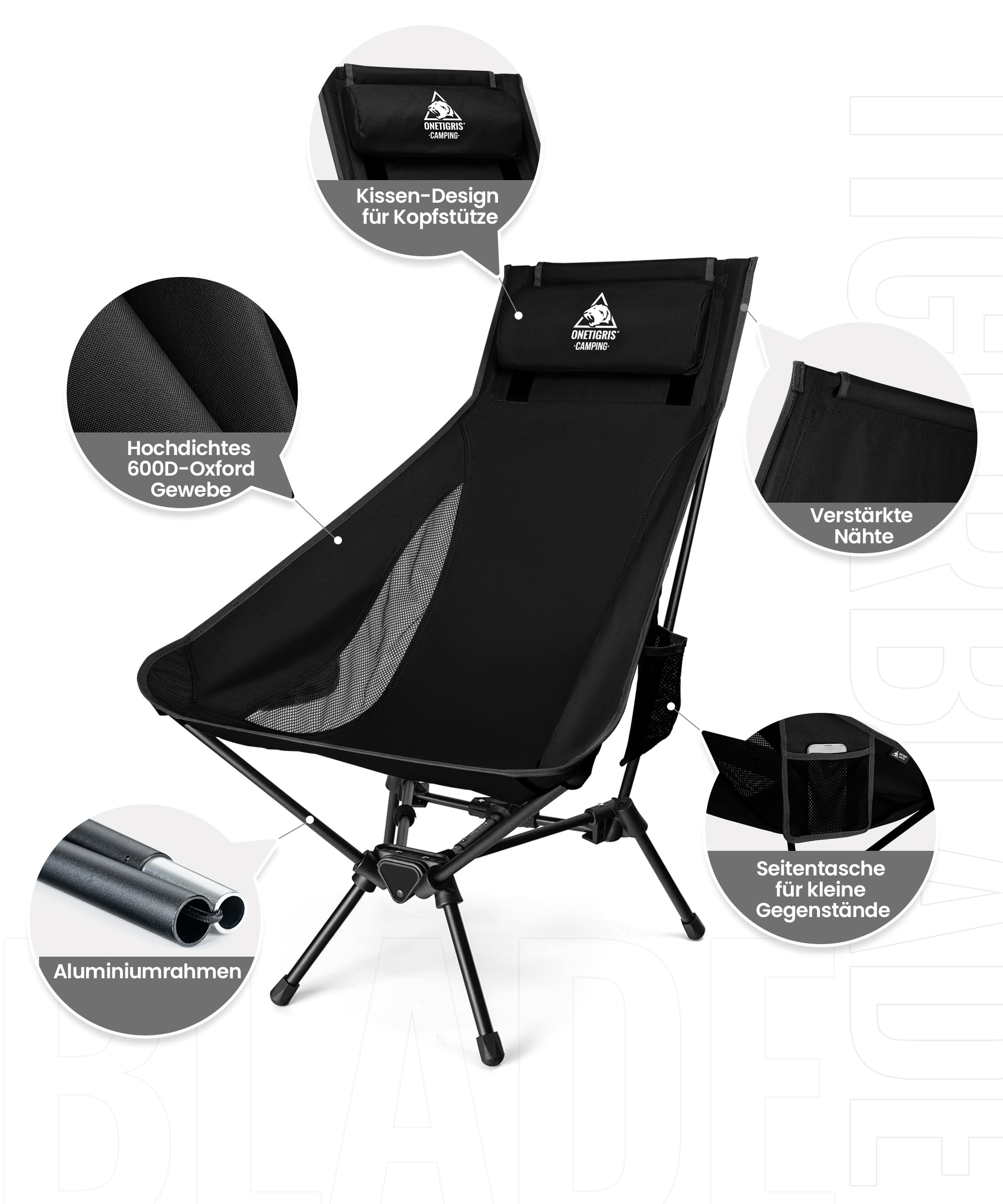OneTigris TIGERBLADE Silla de camping plegable con respaldo alto, 170 kg, silla plegable para camping, ligera, marco triangular, silla plegable con 2 bolsillos laterales, silla plegable ultraligera