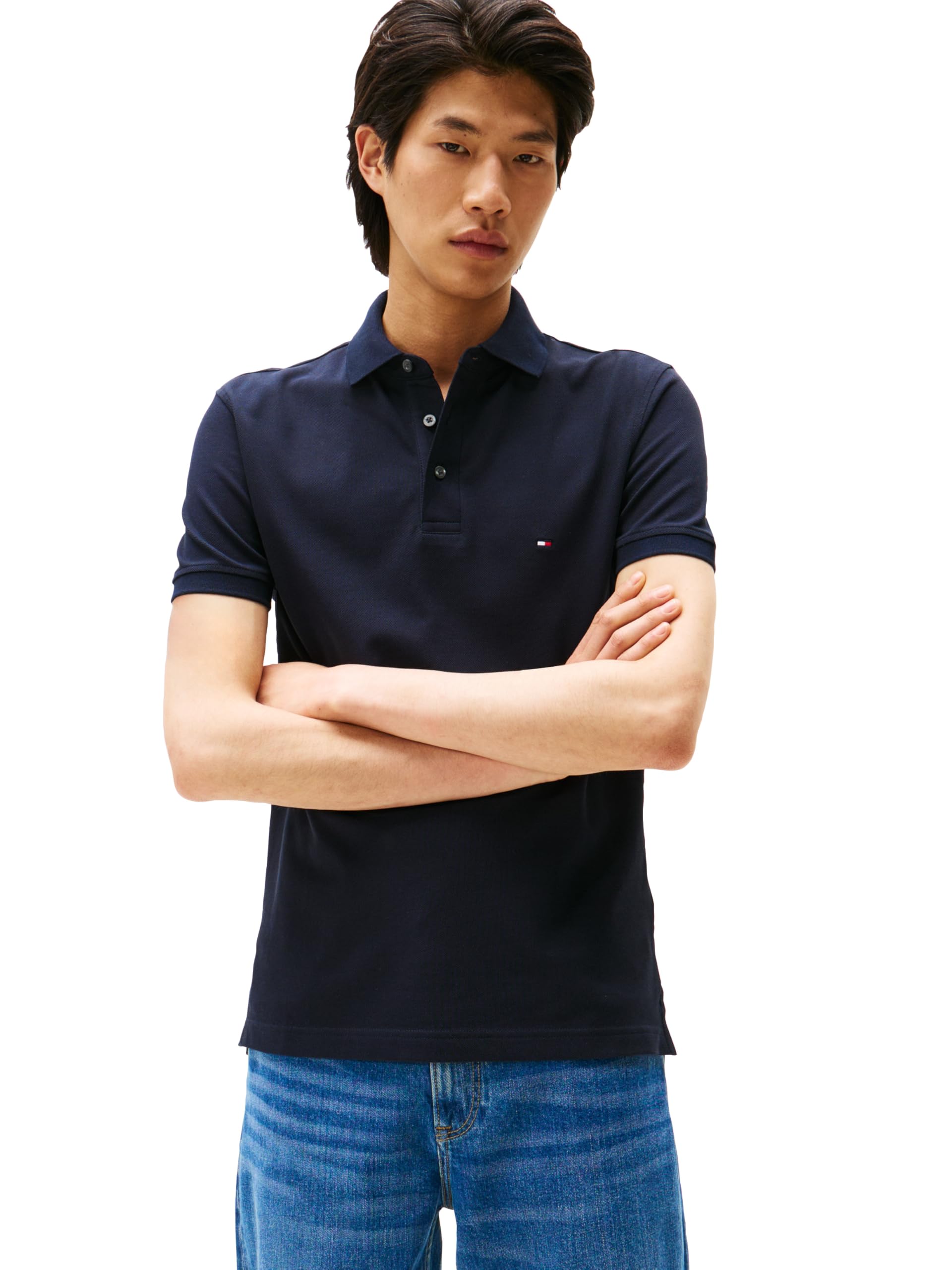 Tommy Hilfiger Men's Short Sleeve Polo Shirts in Slim Fit with Stretch and Organic Pique Cotton
