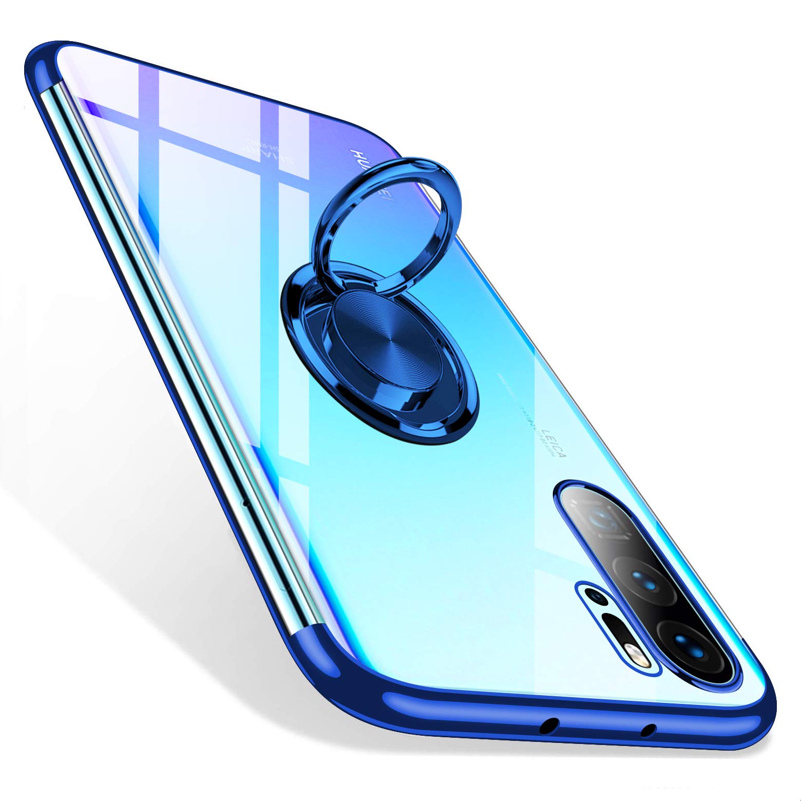 kadixini Huawei P30 Pro Case, Crystal Clear Silicone with Finger Ring Grip Kickstand Holder Rubber Bumper Slim Thin Shockproof Drop Protective Cover for Huawei P30 Pro - Blue