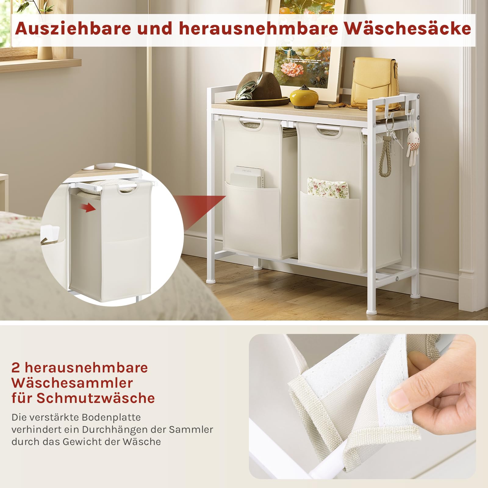 WOLTU Wäschekorb 2 Fächer, jedes 40 L, Wäschesammler mit Ablage Metallrahmen, Oxford-Stoff-Wäschesack ausziehbar abnehmbar, Wäschesortierer Wäschebehälter weiß