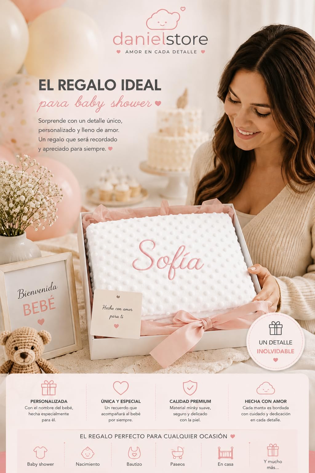 Danielstore Manta Bebe Personalizada con Nombre Bordado Manta Envolvente para Bebés Suave y Confortable para Todas Las Estaciones del Año 0,80 x 1,10 m