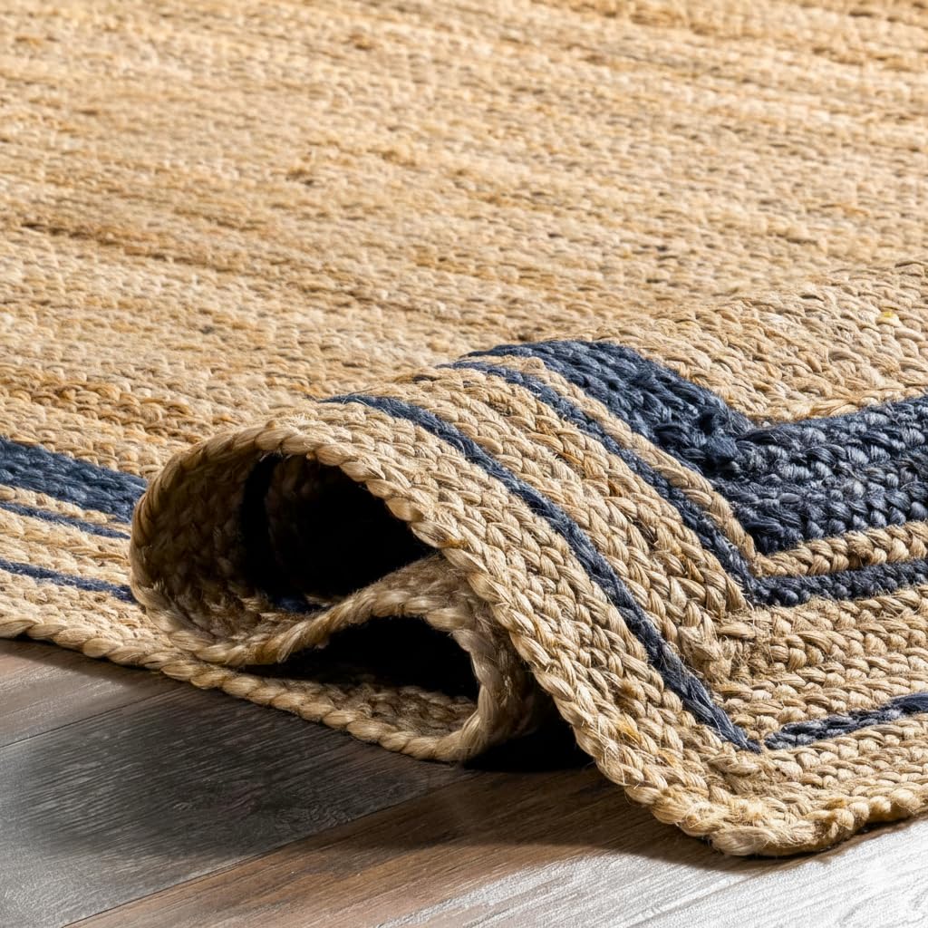 Tapis de sol en jute naturelle tressé à la main avec cadre bleu marine, tapis de table centrale, 1,5 x 2,4 m