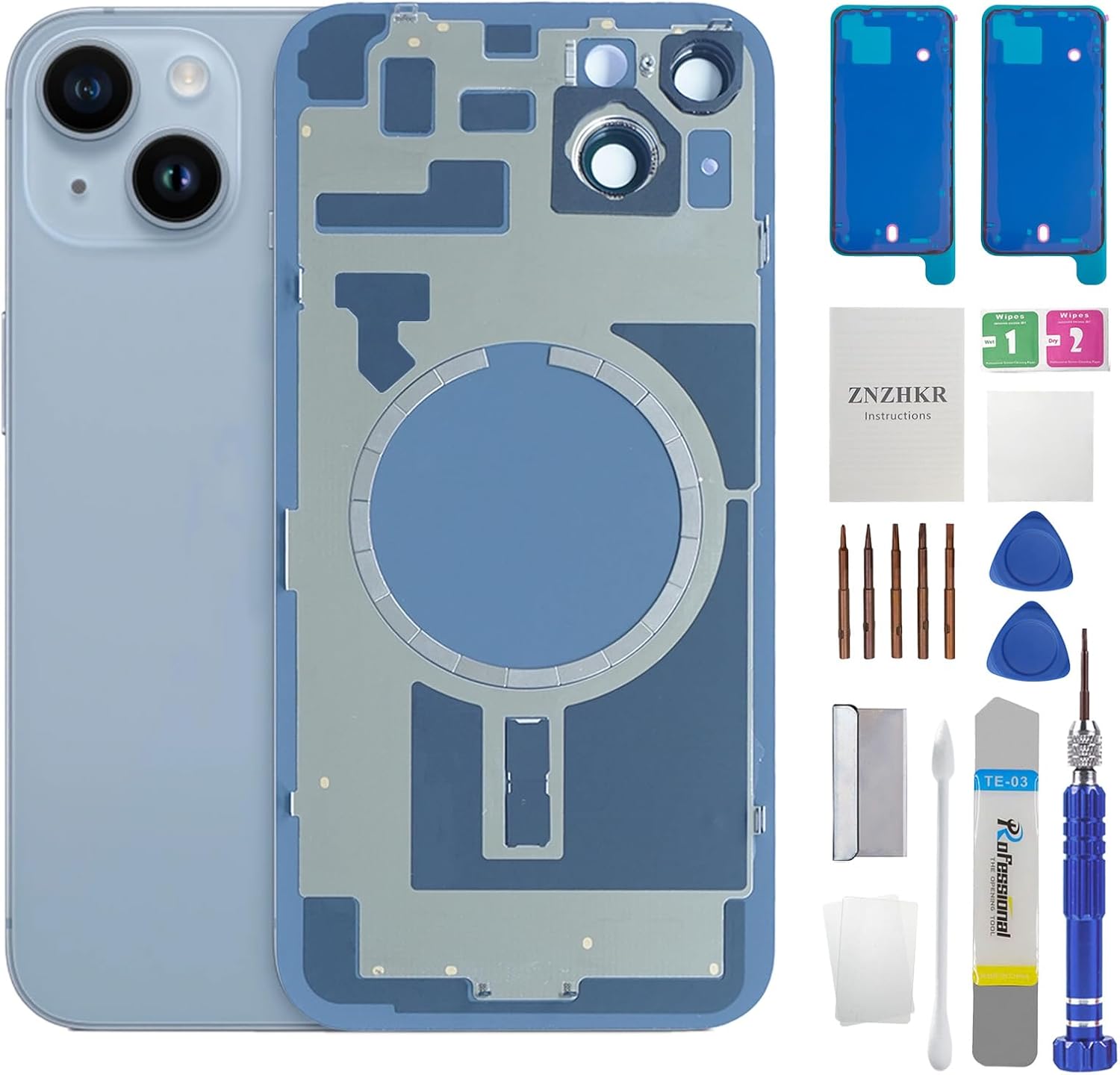 14 Plus Back Glass Replacement with Metal Camera Frame and Lens Glass &Magnet for iPhone 14 Plus (6.7-inch Blue) & Includes Replacement Tools