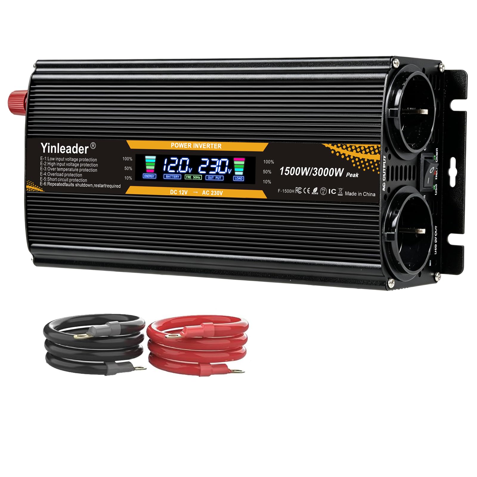 Yinleader convertisseur 12v 220v 1500W /3000W convertisseur de Tension avec écran LCD USB Noir