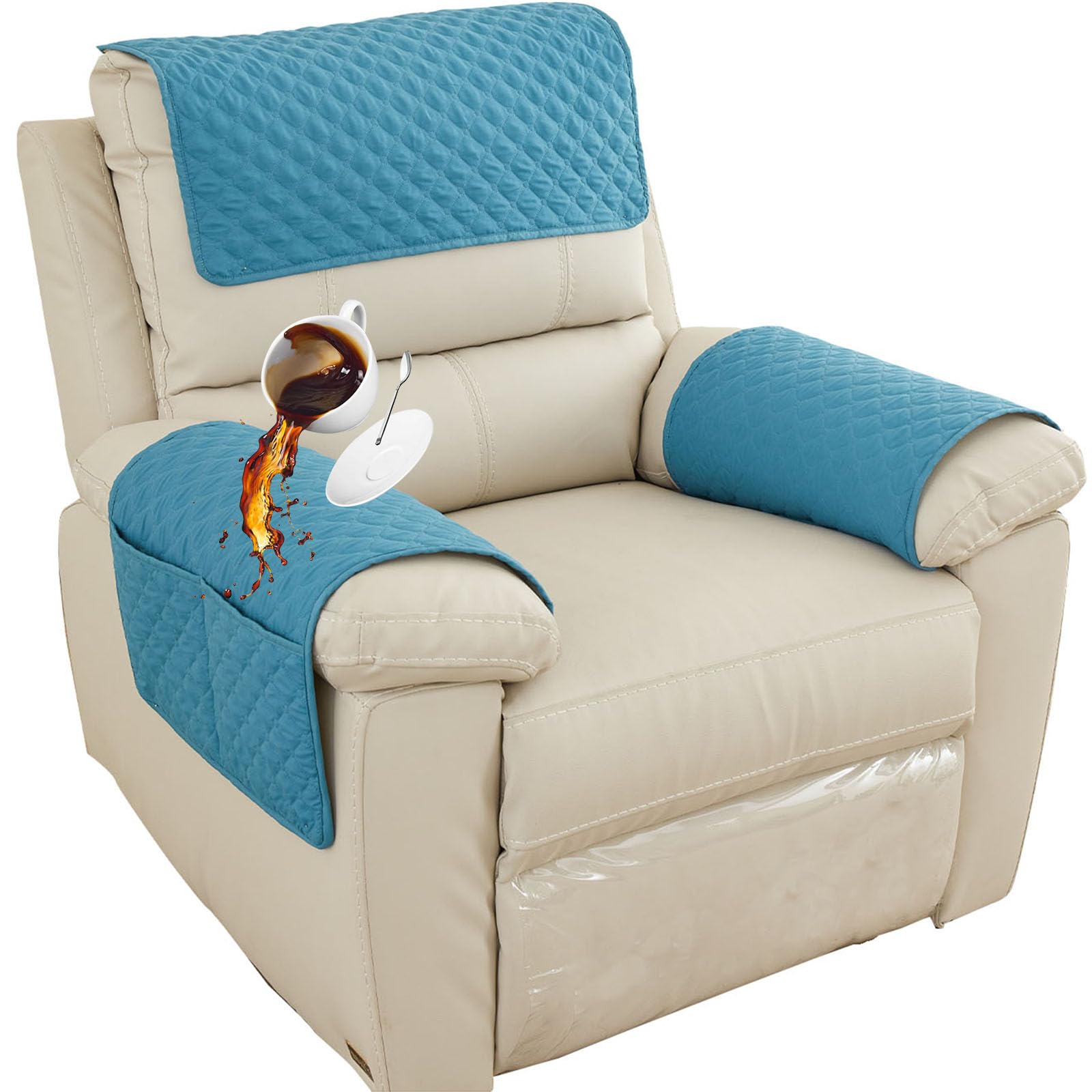 NNSMUN Sofa Armrest Cover, Headrest Cover for Recliner Chair Arm Cover, Armchair Slipcover with Pockets, Nonslip Quilted Furniture Protector for Pets Leather Sofa Couch (Blue,1 Seater(3pcs))
