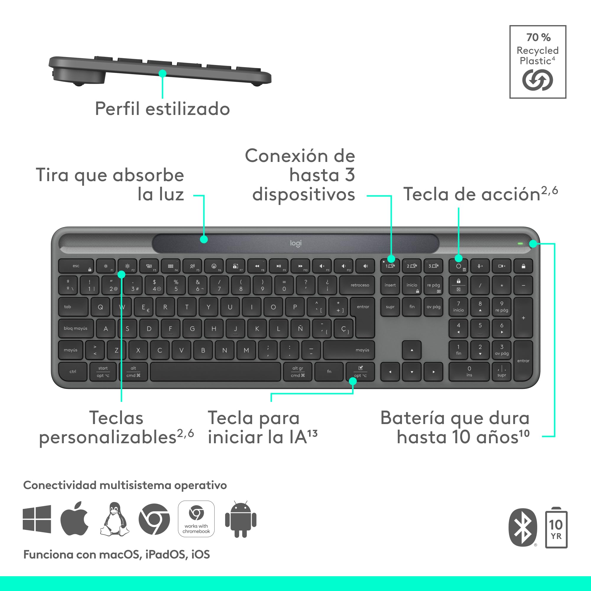 Logitech Signature Slim Solar+, Teclado inalámbrico Alimentado por luz Solar y Artificial, batería Duradera con una Vida útil de hasta 10 años, Teclas Personalizables, Bluetooth, QWERTY ESP - Grafito