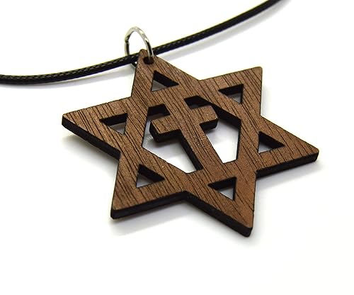 Miniatura 1 de Star of David with the cross wooden Messianic Jewish pendant pendant Basswood or Walnut 18" necklace handemade lasercut (Beige)