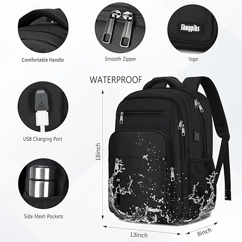 Miniatura 4 de Mochila negra para hombres y mujeres, mochila escolar para niños, niñas y adolescentes, mochilas para laptop de 15.6 pulgadas con puerto USB, bolsa