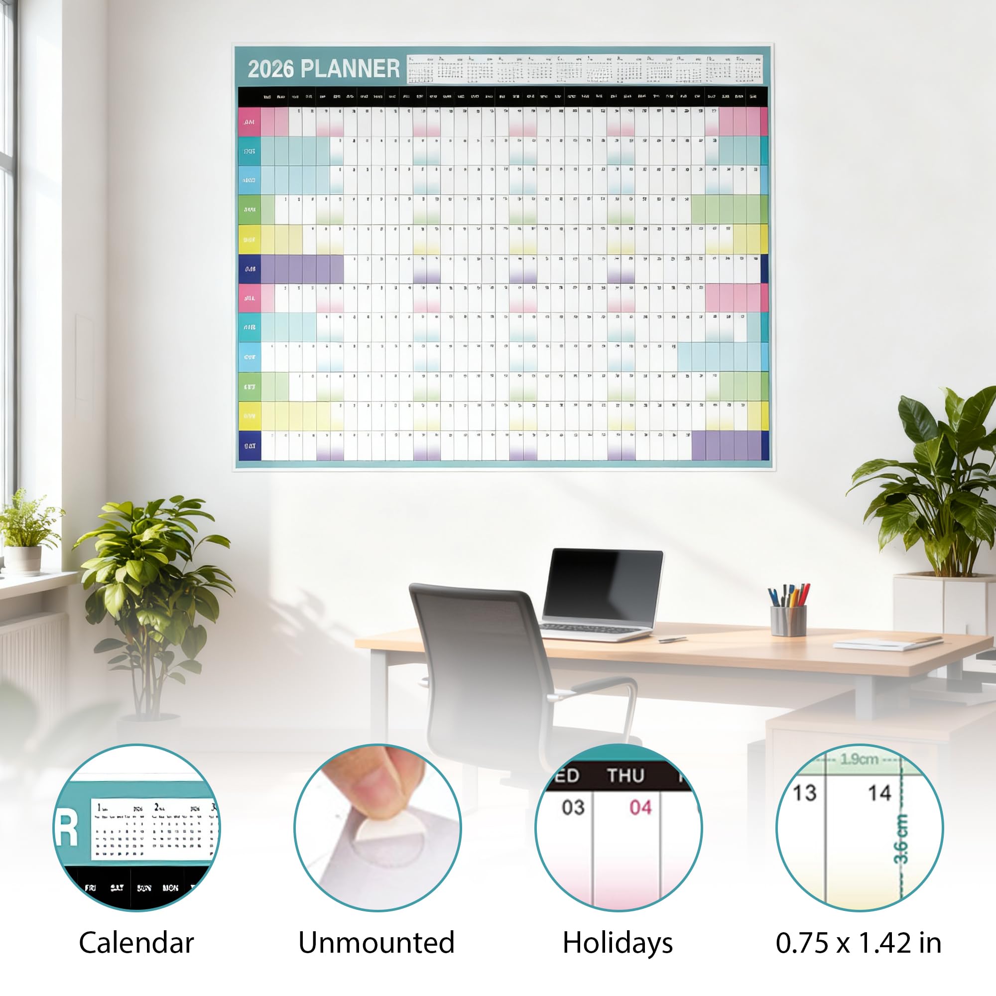 Agenda de pared 2026 A1, calendario anual grande de enero a diciembre de 2026, 88 x 58 cm, color Morandi, vacaciones y fines de semana destacados, espacio extra para notas