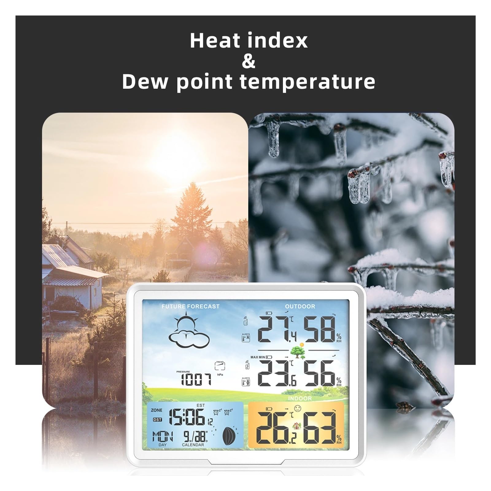 avec capteur extérieur pour le bureau à domicile Station météo sans fil LCD colorée de 7 pouces, compteur de température et d'humidité à domicile, baromètre de phase de lune, double réveil, capteur de