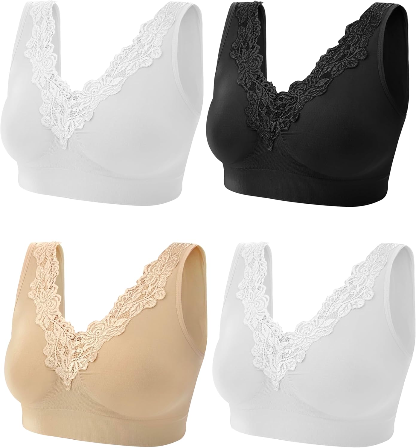 4 Pack Women’s Seamless Wireless Lace Inset Trim Unpadded Comfort Bra - Image 5