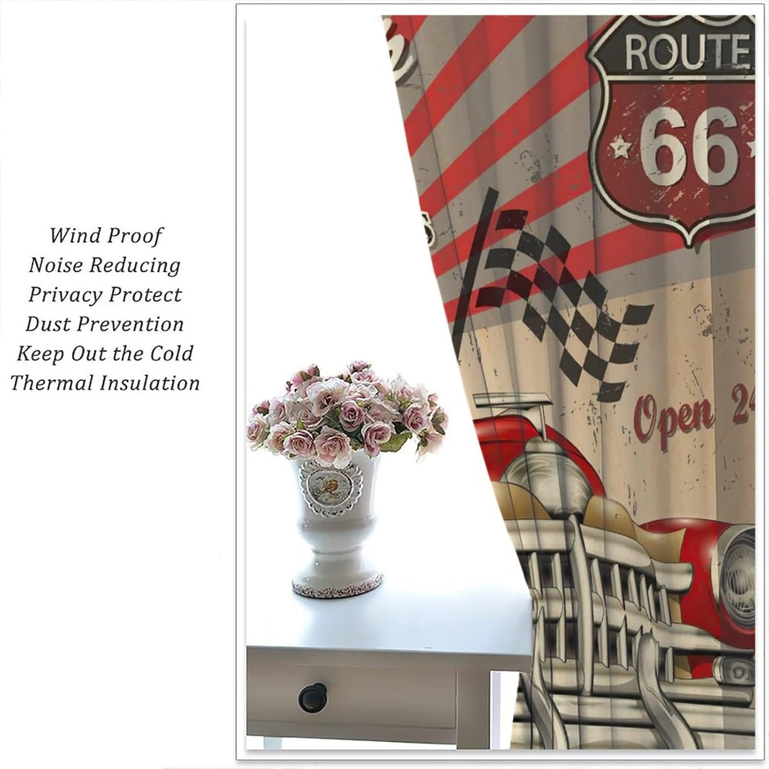 Vintage Car Curtains, Us Route 66 Tire Service Vintage Poster Print for Bedroom Living Room Kitchen Office Rod Bag Curtains42X63 Inch