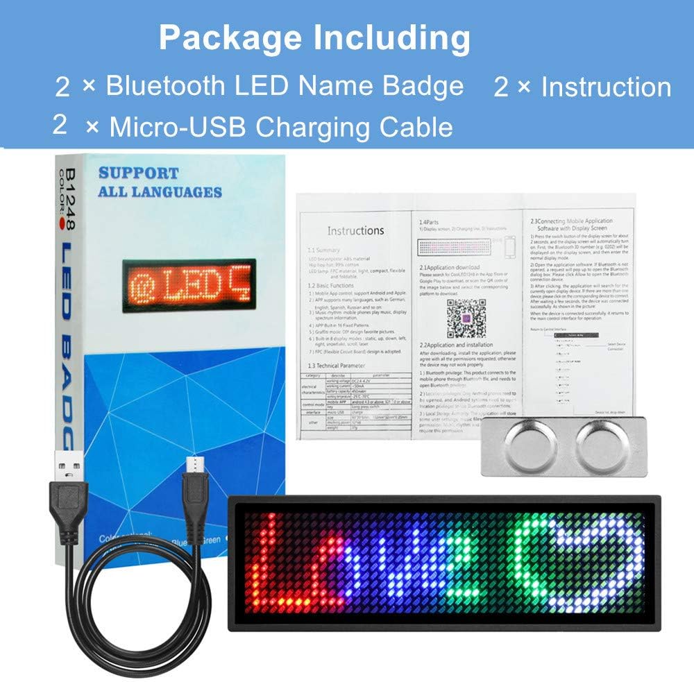LED Name Tag 2 Pack, OUHL LED Name Badge Upgraded Cellphone Programmable Price Tag for Restaurant Shop Exhibition (Multicolored)