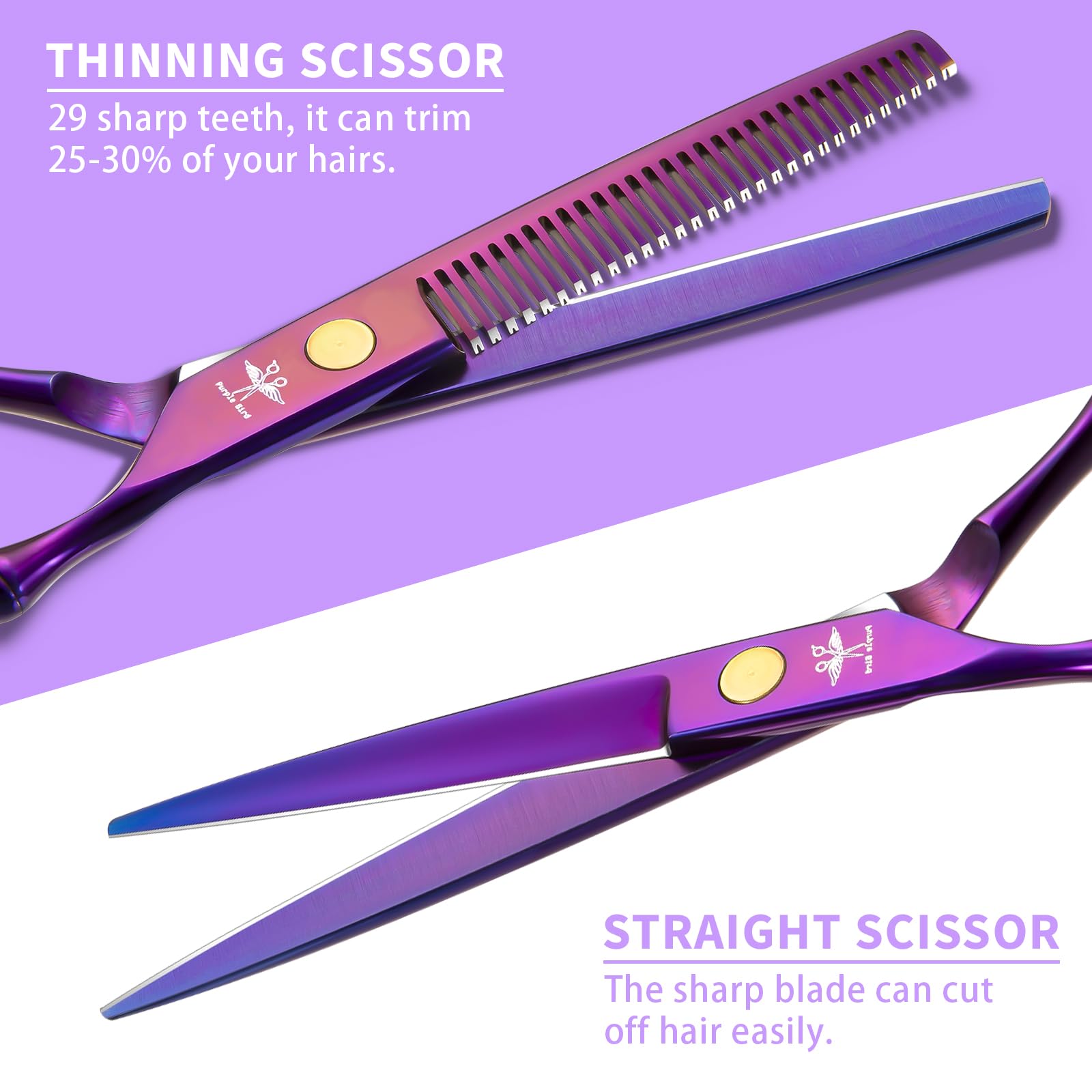 PURPLEBIRD Lot de 10 ciseaux de coupe de cheveux professionnels avec ciseaux à cheveux en acier inoxydable, ciseaux amincissants pour hommes, femmes, animaux de compagnie, couleur