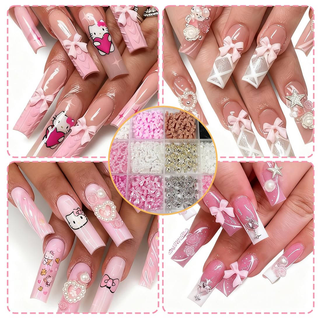 Set Charms Ongles 12 Compartiments, 3D Noeud Papillon en Résine+Perles/Cœur/Fleur, avec Crayon de Cire & Pince à Strass, Bijoux Ongles