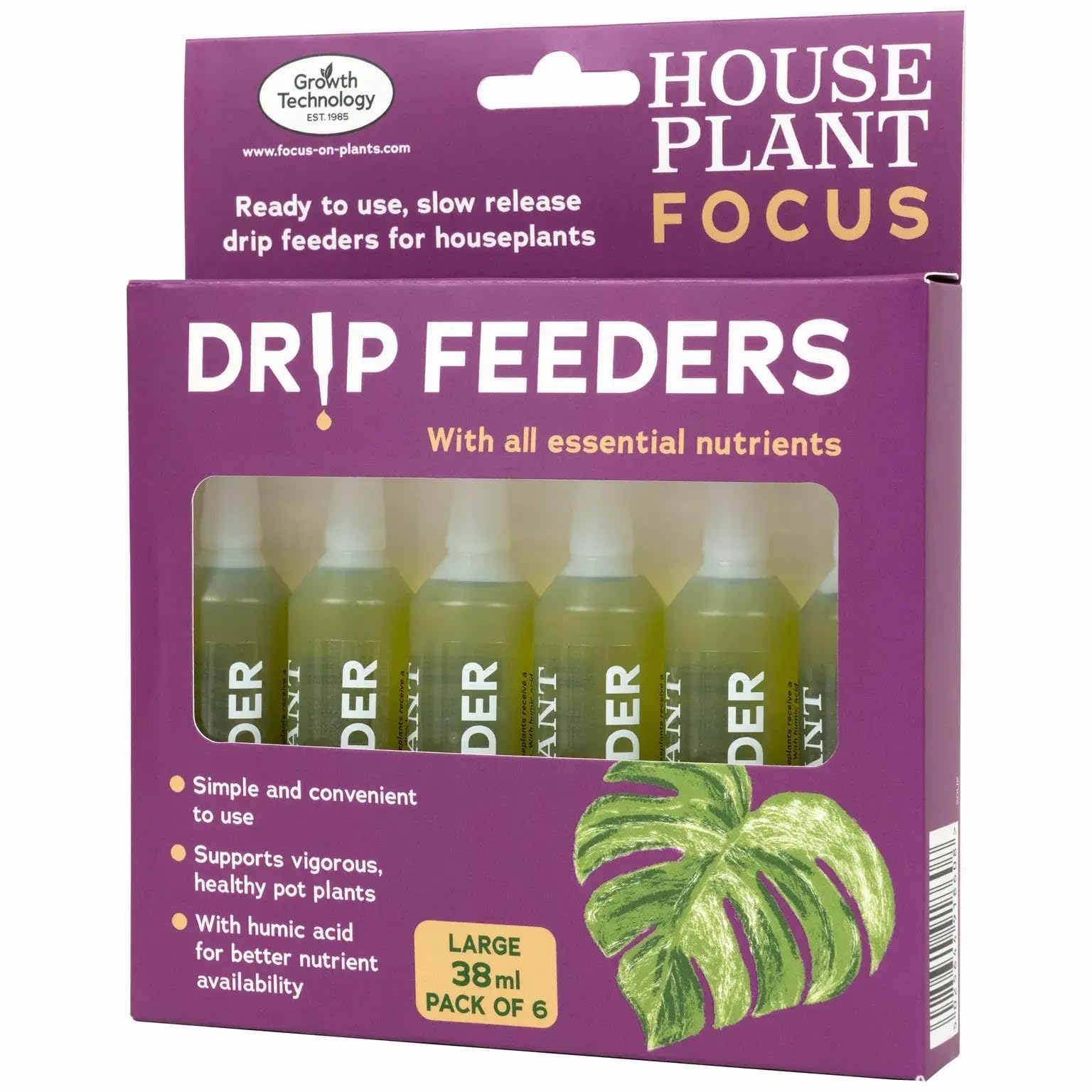 Growth Technology Houseplant Fertilizer Drip Feeders Pack of 6 - Large Size 38ml - Ready to Use - Slow Release Fertiliser for Healthier Houseplants