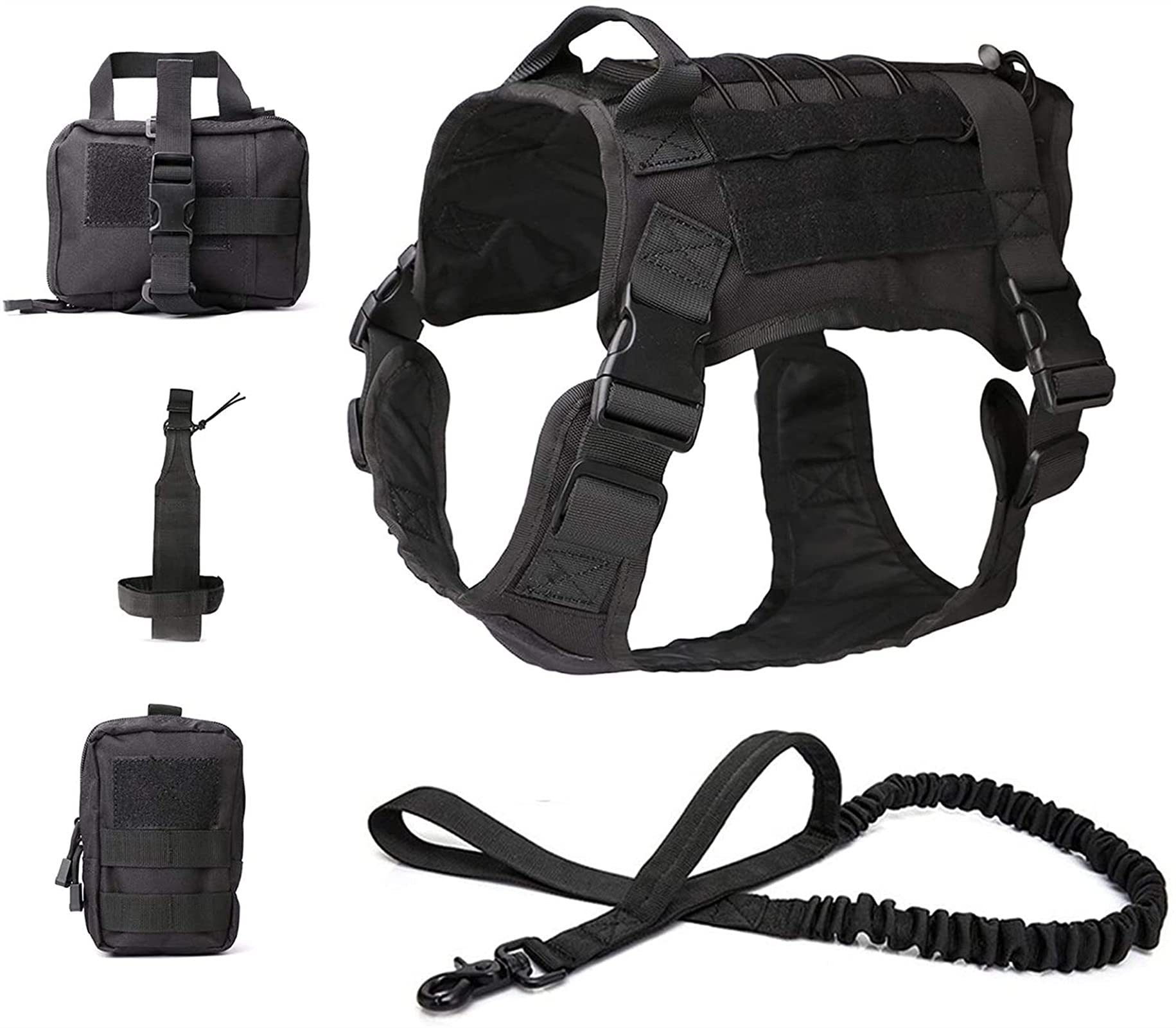 Pettorina per Cani Tattica Regolabile con Guinzaglio Bungee, Pettorina per Cani di Servizio, Comoda Pettorina per Cani da Addestramento All'aperto con 3 Tasche Rimovibili