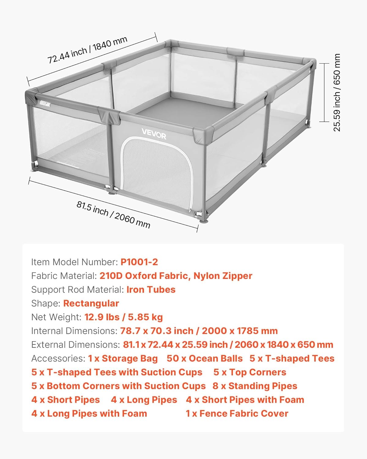 Diagram showing the external dimensions of the VEVOR Baby Playpen in inches and millimeters.