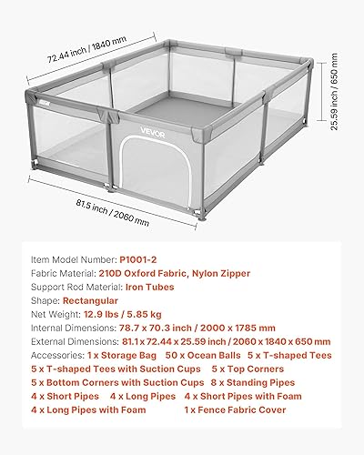Miniatura 7 de VEVOR Corralito para bebés, 78.7 x 70.3 pulgadas, corralito extra grande para bebés y niños pequeños, patio de juegos para interiores y exteriores,