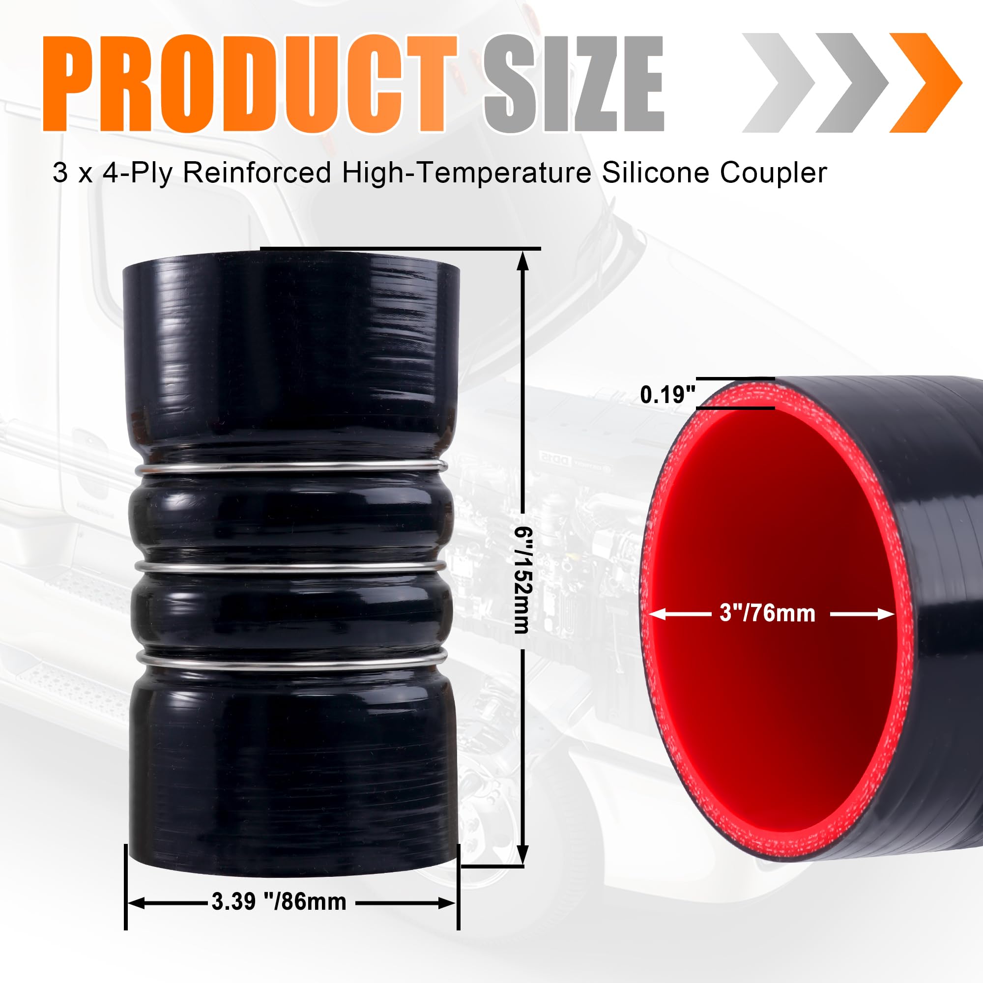 3 X 6 Silicone Charge Air Cooler Hump Hose with Clamp4PCS Black | 3 inch ID Turbo Air Intake and Intercooler CAC Hose Kit with 8Pcs T Bolt Clamp for Semi Trucks product thumbnail 8