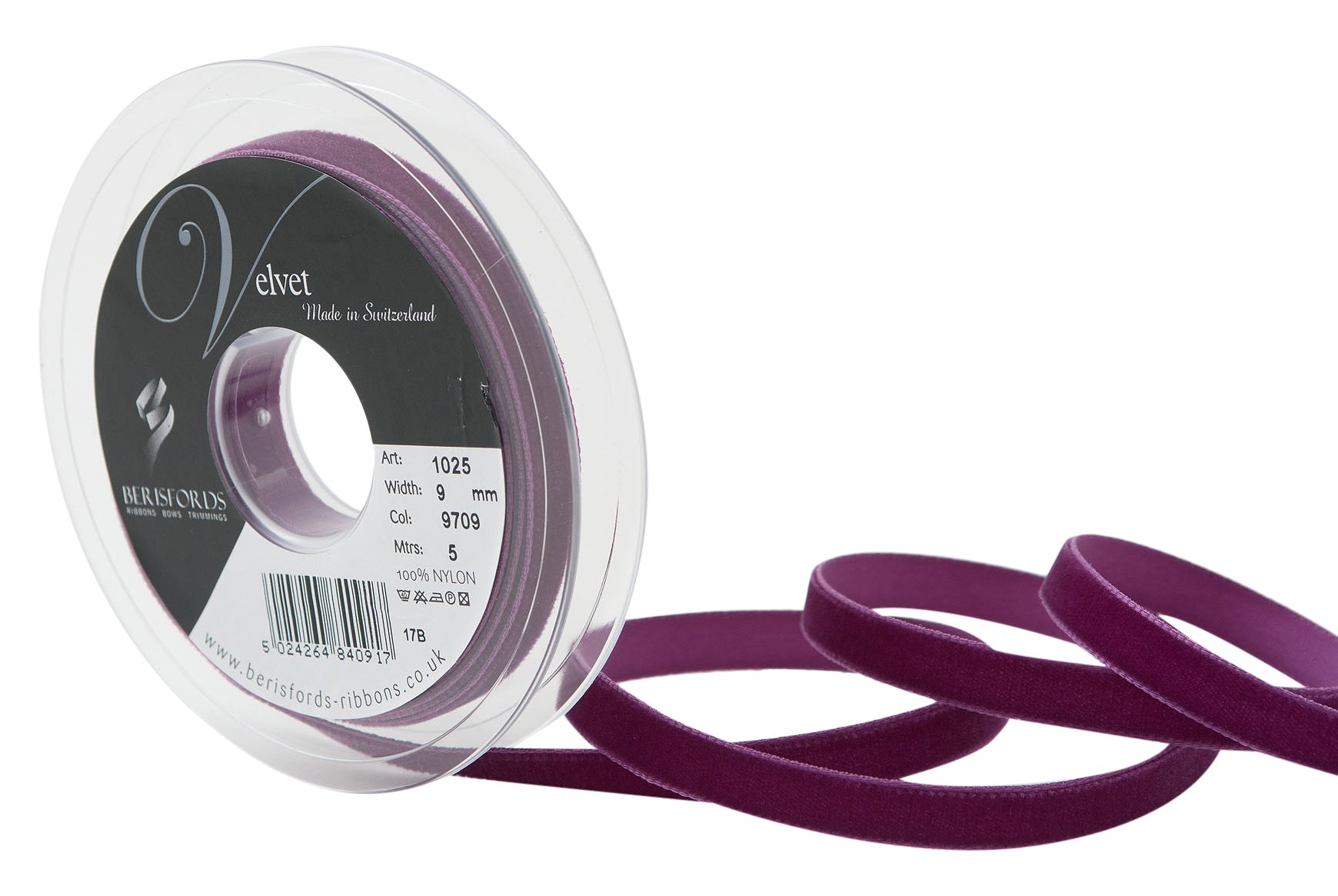 Berisfords Velvet Ribbon Fuchsia 15mm - Nylon Craft Ribbon for Sewing, Gift Wrapping and Hair Accessories