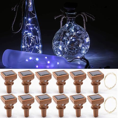 YJFWAL Paquete de 12 luces solares mejoradas para botellas de vino, 20 luces LED de corcho estrellado, funciona con energía solar, mini luces de
