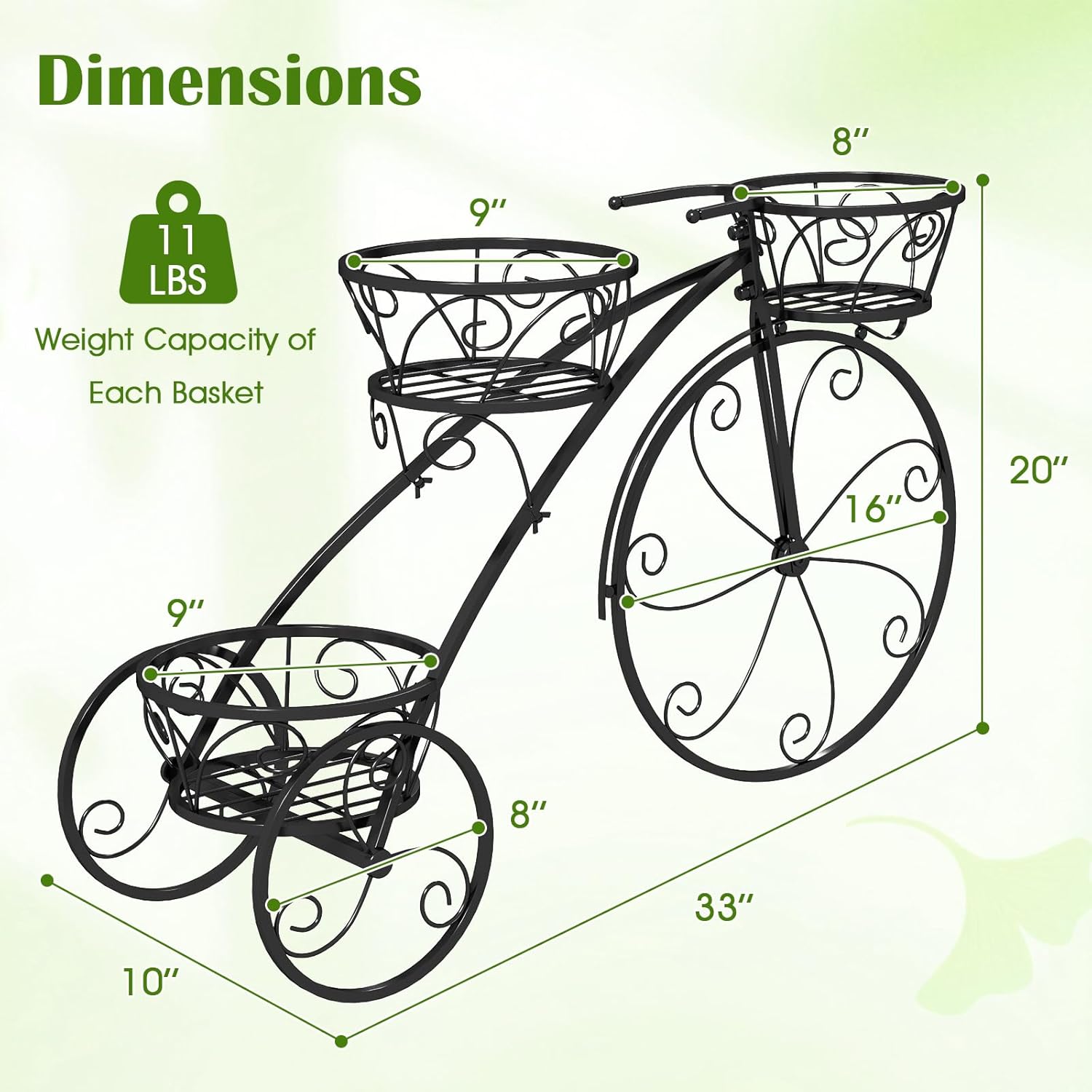 DREAMADE 3-tier Bicycle Planter, Vintage Tricycle Plant Display Cart w/ Openwork Baskets & Fixed Wheels, European-Inspired Metal Decorative Plant Stand for Gardens, Patios, Balconies (Black)