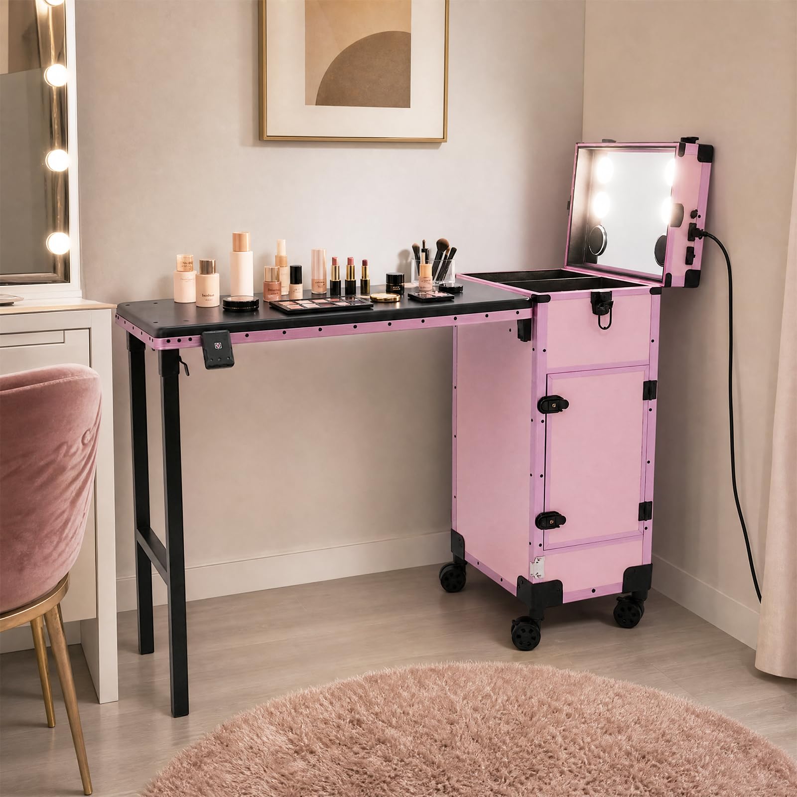 Walizka na kosmetyki na kółkach z 3 szufladami i lustrem LED | Walizka na kosmetyki, nośność 50 kg, Bluetooth, walizka fryzjerska, dla fryzjerów, wizażystów, manicure, toaletki