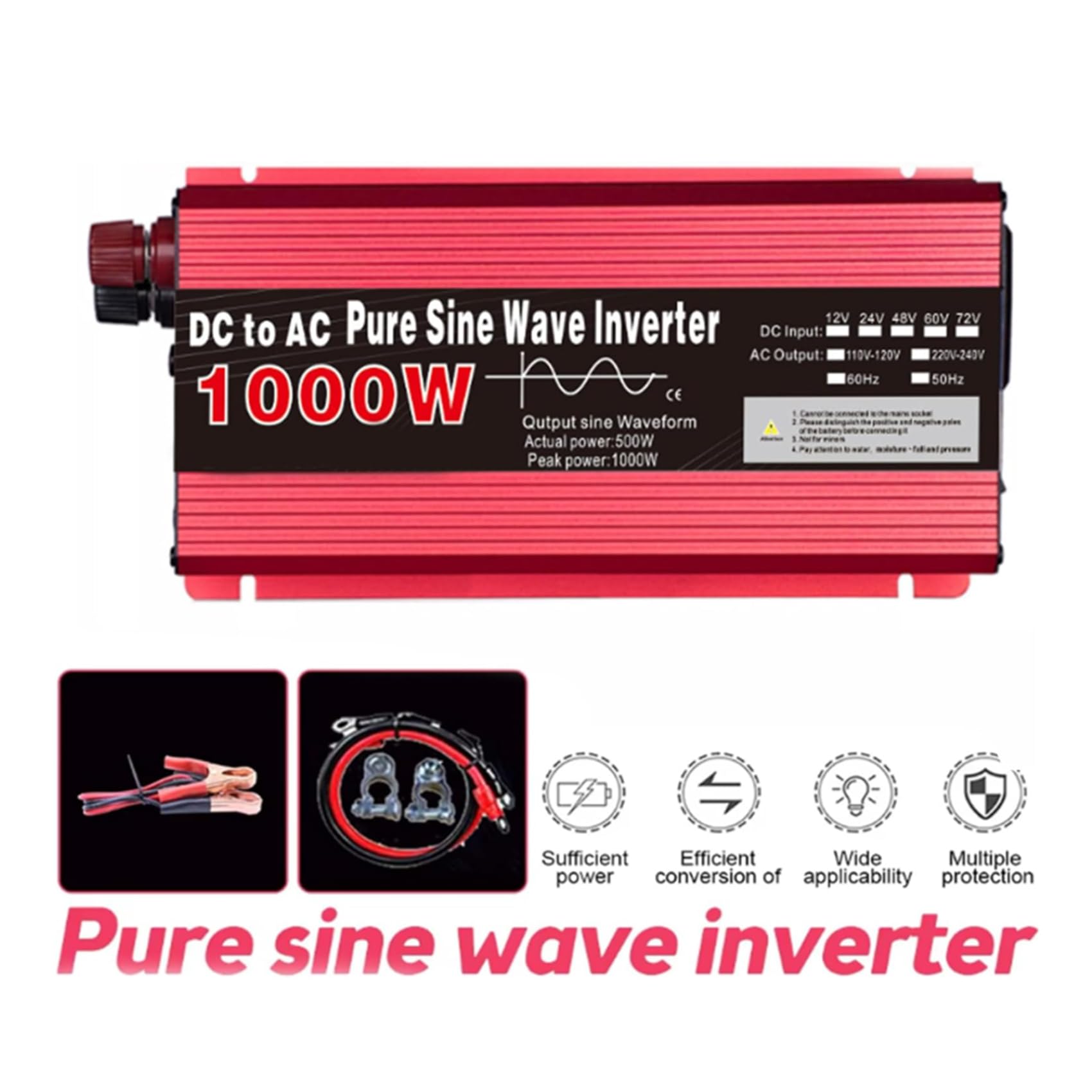 12v to 110v,24V na 220V, przenośny samochodowy inwerter ładowarka przetwornica 1000W, DC12V/24V/48V/60V na AC 110V/220V, inwerter o czystej fali sinusoidalnej do telefonu/laptopa/aparatu