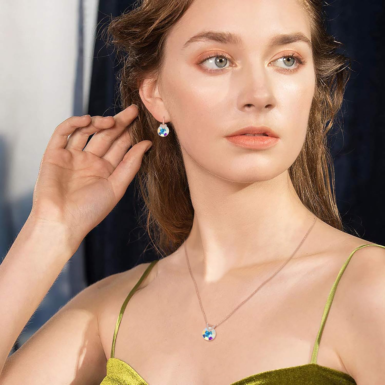 Crysdue Austrian Crystal Jewelry Set for Women, Dainty Round CZ Pendant Necklace Hoop Earrings for Wedding Party Prom Rose Gold-Tone