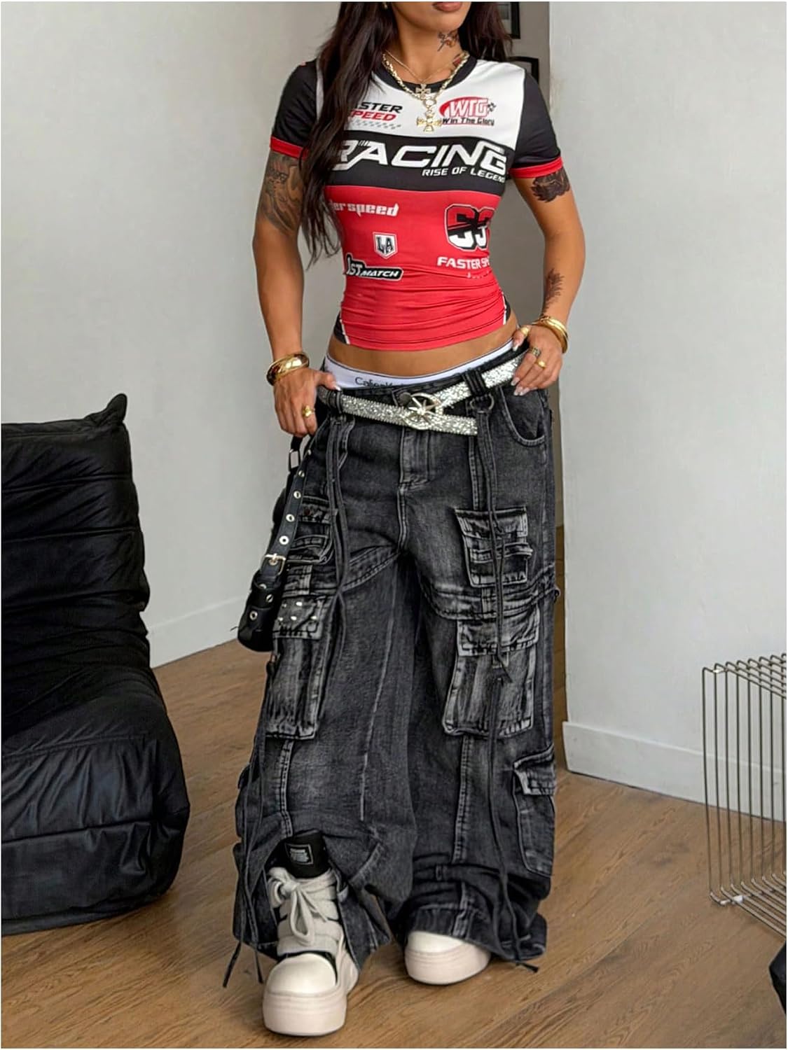 GORGLITTER Women's Racing Race Car Shirts Outfits Racer Driver Costume Crop Tops Summer Short Sleeve Going Out Tops