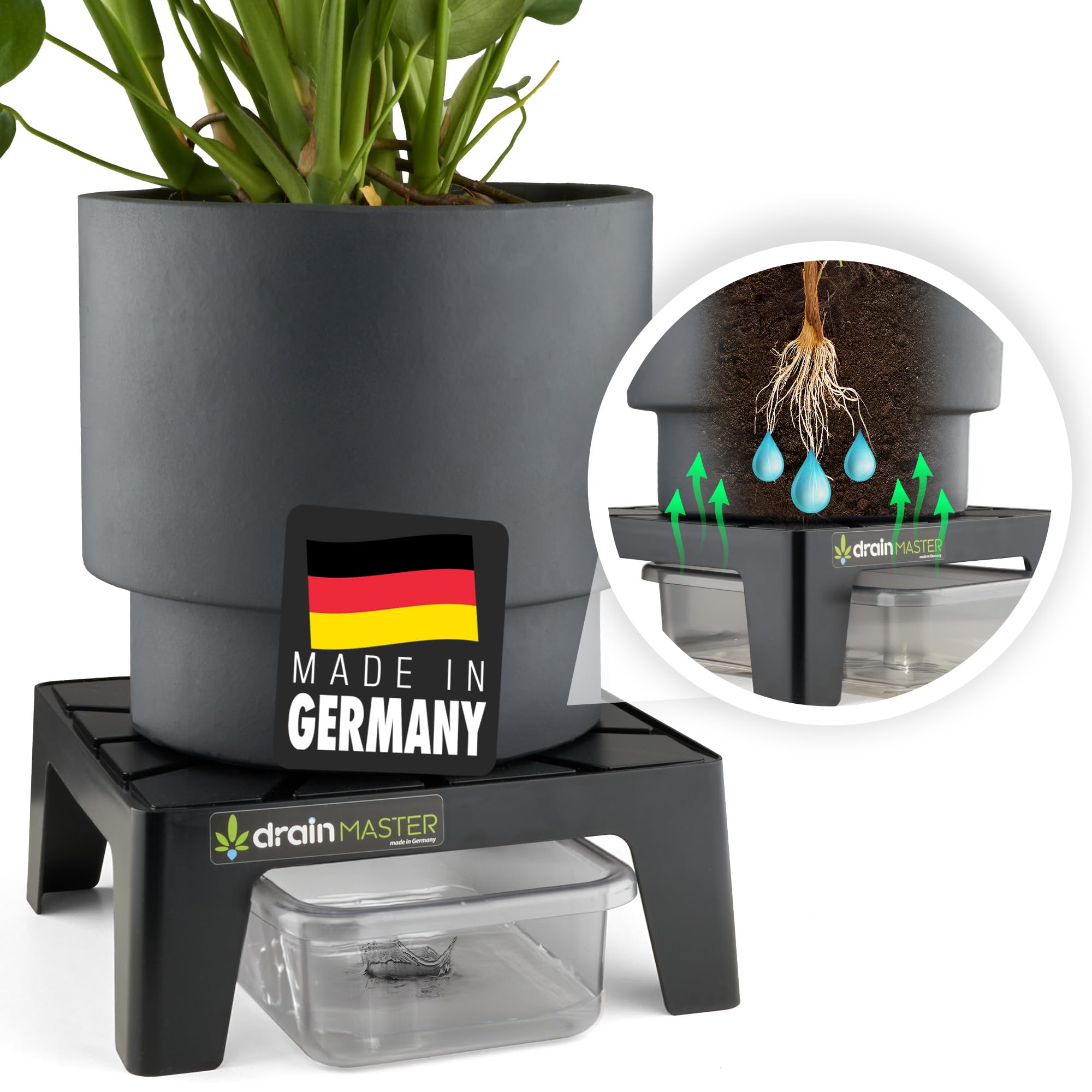 Blumentopf Untersetzer 24x24cm - Einzelset inkl. Ablaufwanne - Pflanzuntersetzer eckig Blumen Pflanzen Drainage Indoor/Outdoor - Ideales Zubehör für Growzelt - Made in Germany