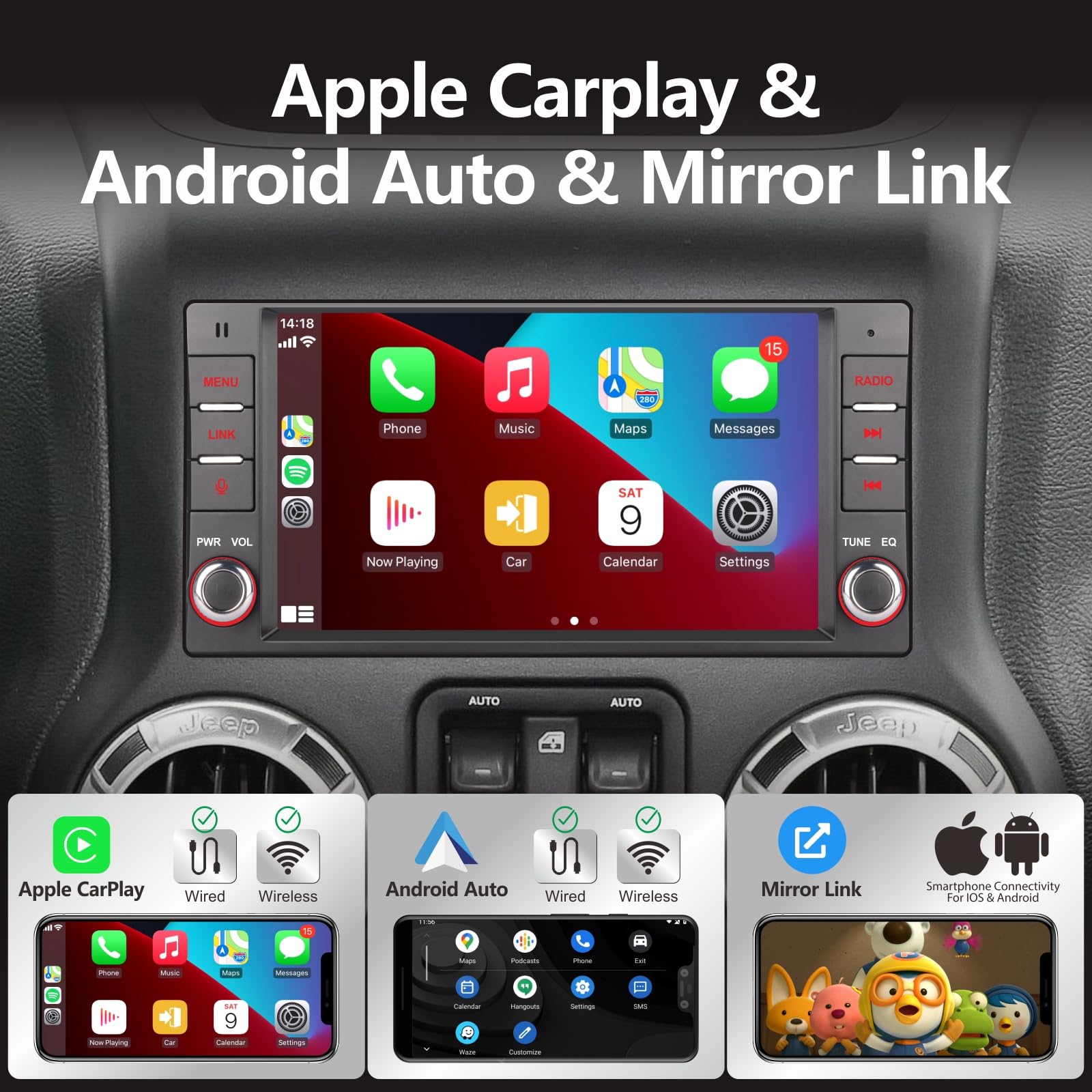 per Jeep Wrangler JK Compass Patriot/Chrysler/Dodge RAM Charger, 7 pollici Touch Screen Stereo Wireless CarPlay Andriod Auto Ricevitore Auto con Bluetooth Mirror Link FM RDS
