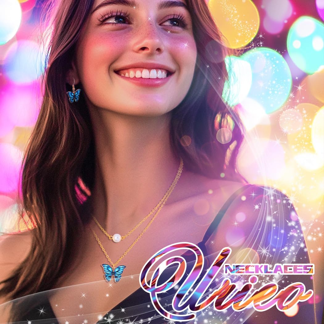 Urieo Blue Layered Butterfly Earrings and Necklace Set, Pearl and Gold Necklaces Jewelry - Image 7