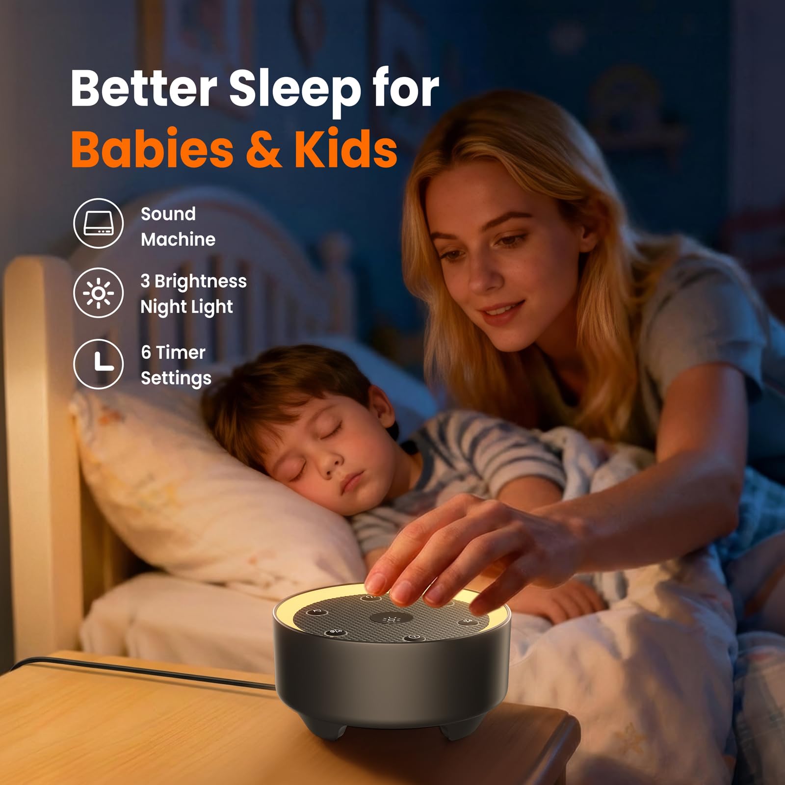 Schlaf-Soundmaschine mit weißem Rauschen, 24 beruhigenden Geräuschen & Max 8H Timer für Baby und Erwachsene.Versenkte Nachtlichttaste, dimmbares Licht, Plug in