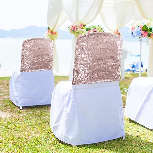 Miniatura 5 de Poise3EHome Juego de 4 fundas de lentejuelas para respaldo de silla, fundas plegables de color oro rosa para fiestas, bodas, banquetes, recepciones