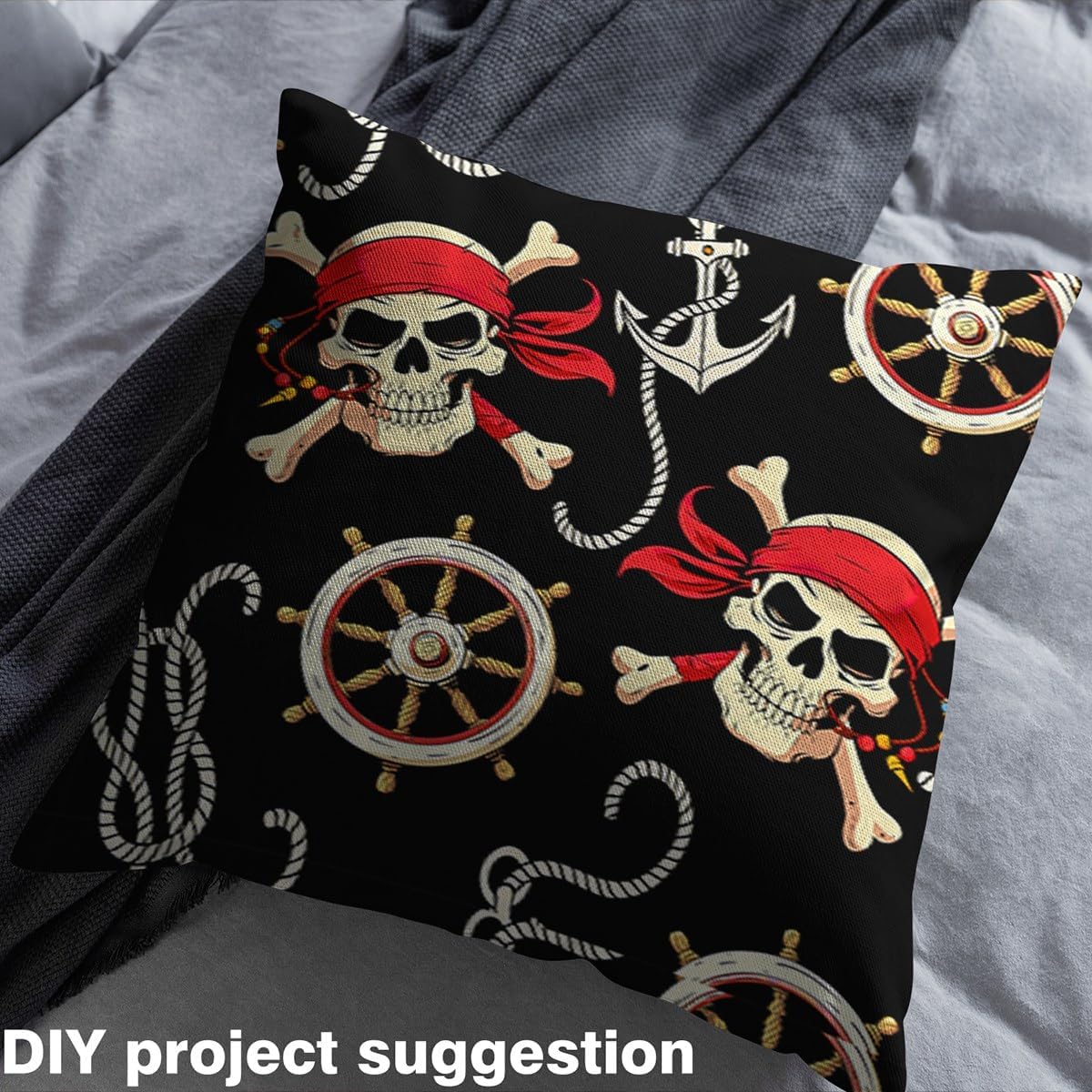 Feelyou Pirates Skull Fabric by The Yard, Nautical Ocean Upholstery Fabric for Chairs, Anchor Adventurous Sea Travel Piracy Theme Elements Decorative Waterproof Outdoor Fabric, 3 Yard, Black